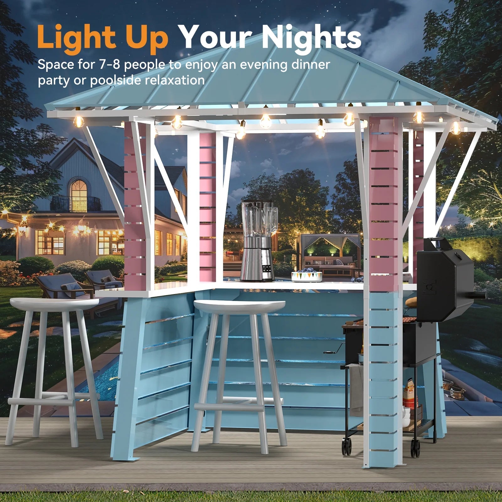 Modern Shade Outdoor Gazebo 8' x 8', Grill Gazebo with USB Charging Socket and Hooks, Patio Gazebo with 2 open sides, Galvanized Steel Pavilion for Swimming pool, Backyard, BBQ, Party