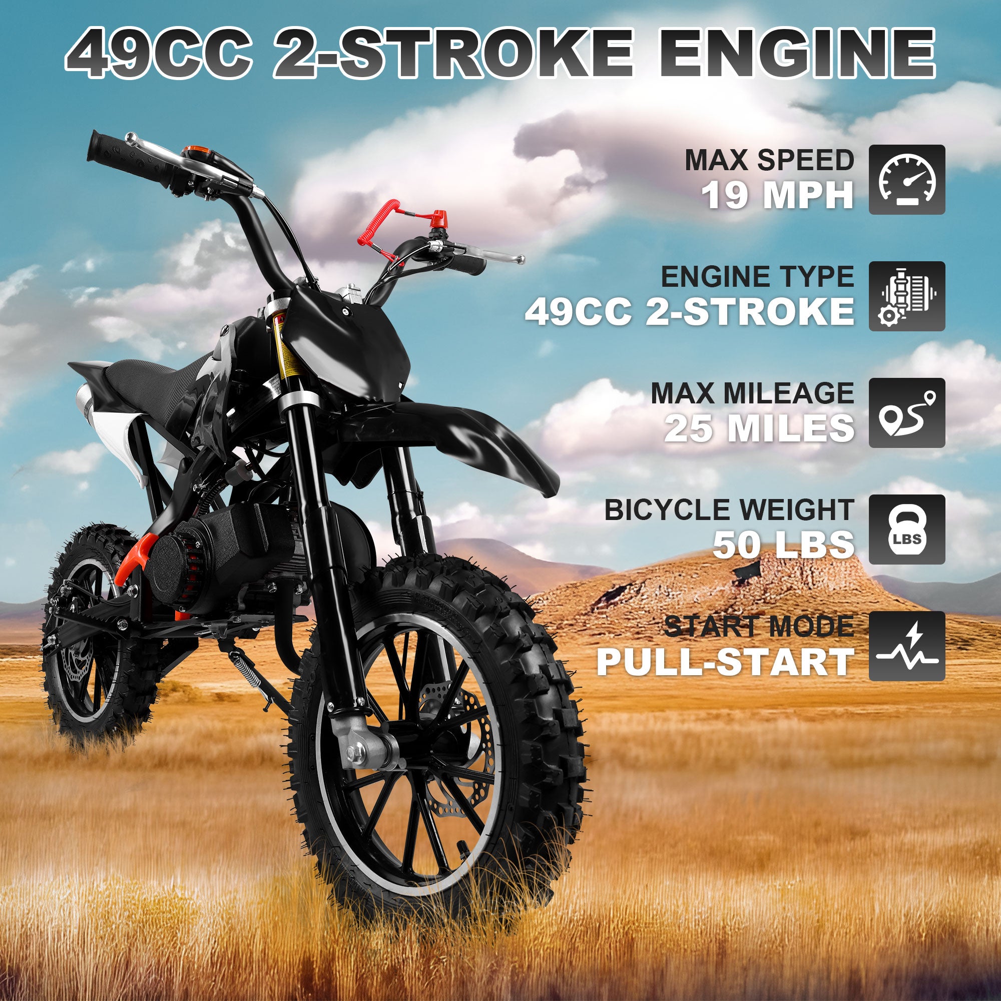 Gpower 49cc Dirt Bike for Kids 6-15,2-Stroke Gas Powered Mini Dirt Bike,1.5L Fuel Capacity,1-Seater,Black