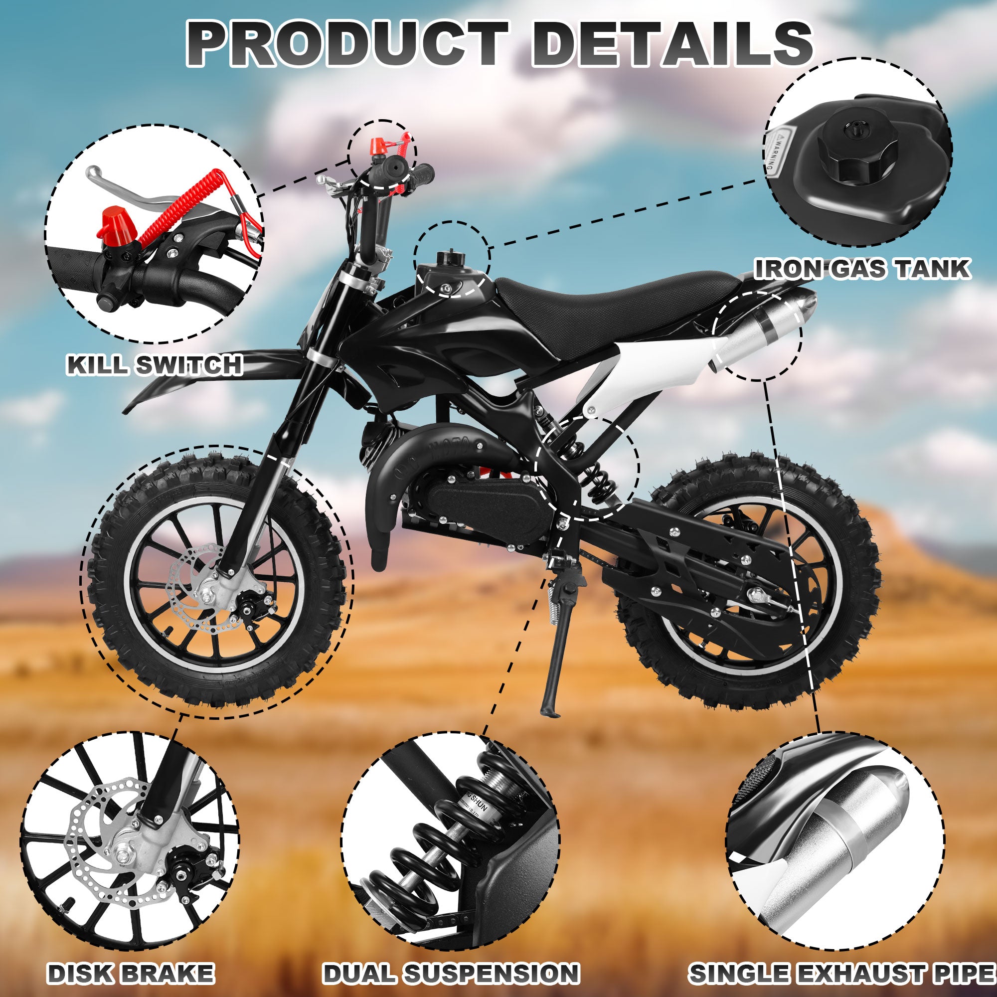 Gpower 49cc Dirt Bike for Kids 6-15,2-Stroke Gas Powered Mini Dirt Bike,1.5L Fuel Capacity,1-Seater,Black