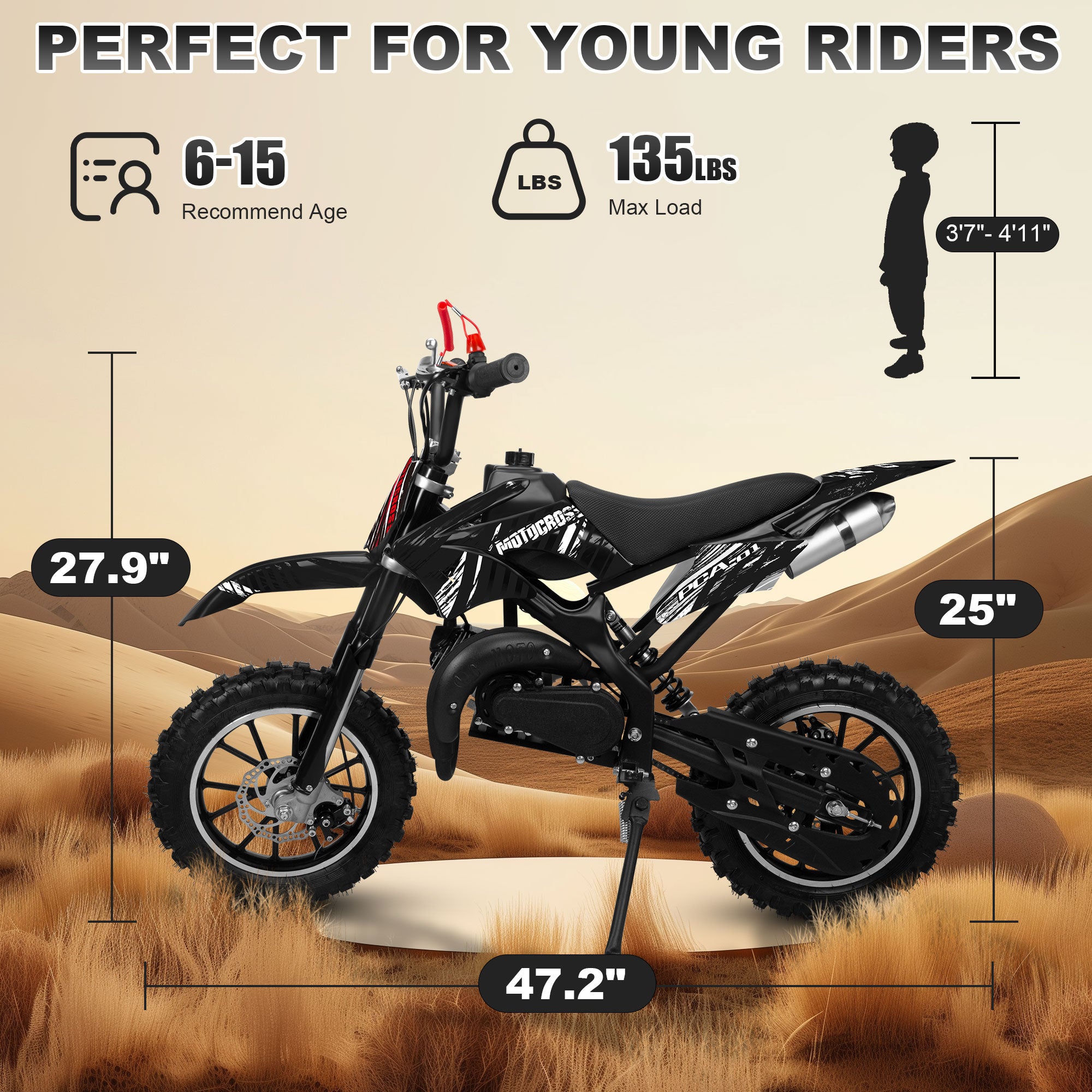 Gpower 49cc Dirt Bike for Kids 6-15,2-Stroke Gas Powered Mini Dirt Bike,1.5L Fuel Capacity,1-Seater,Black
