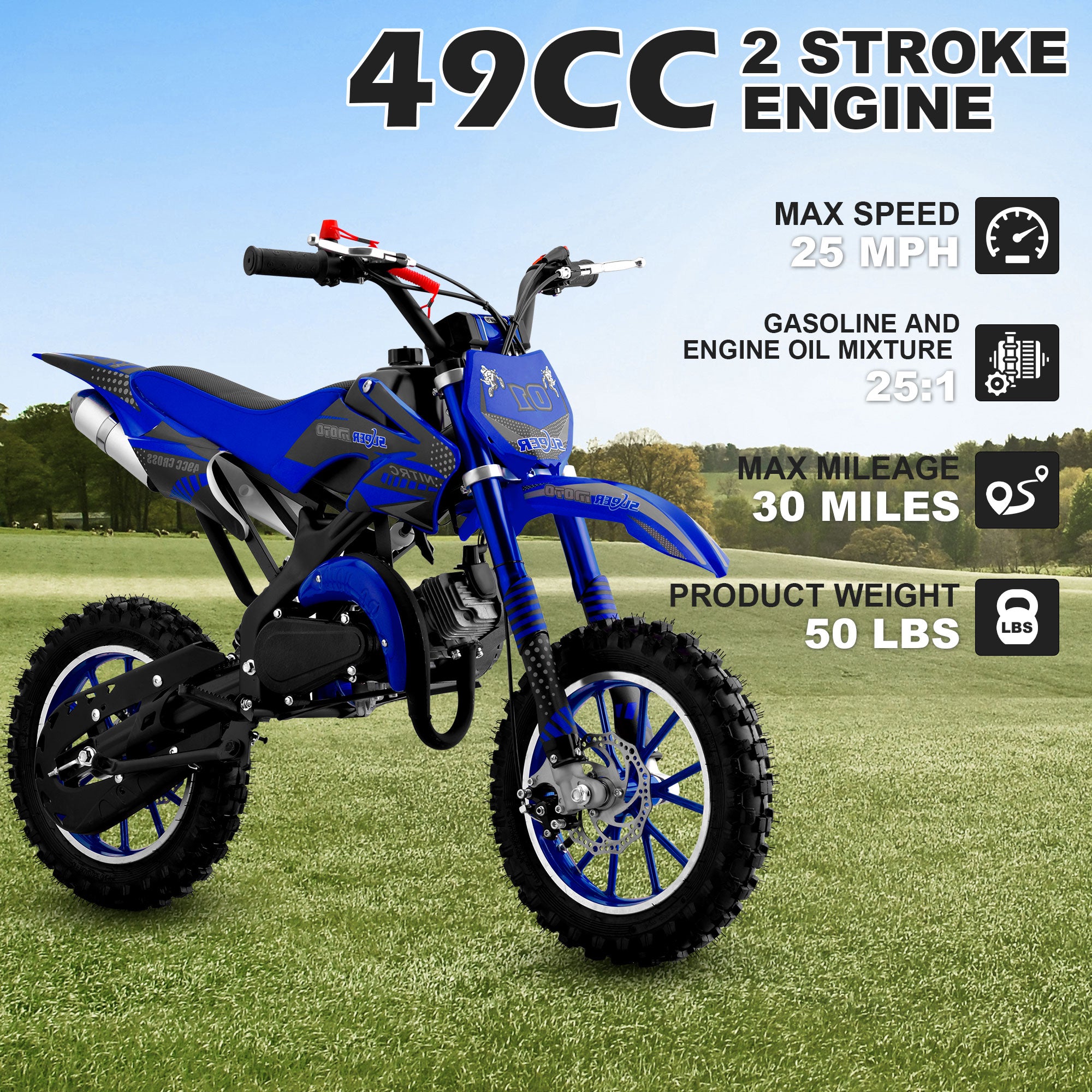 Gpower Gasoline 49cc Dirt Bike for Kids 6-15,2-Stroke Gas Power Mini Dirt Bike,1-Seater,Blue