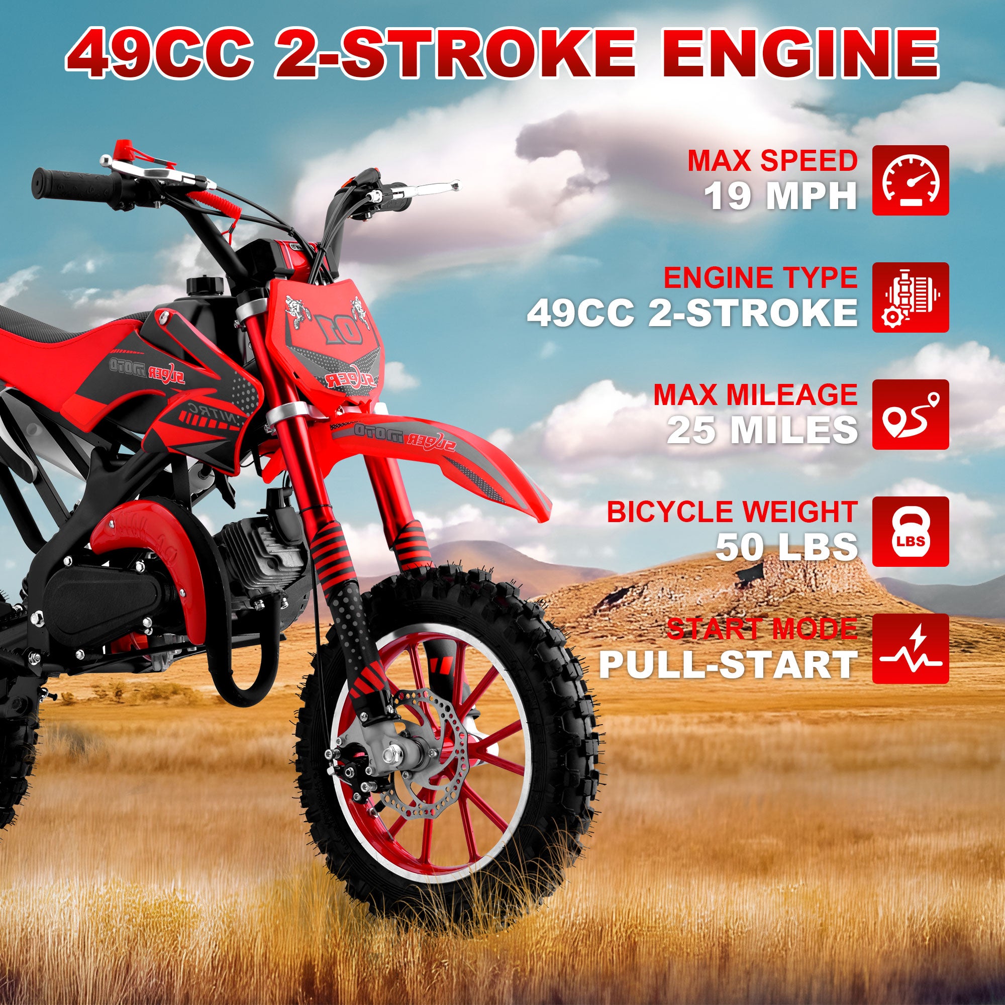 Gpower 49cc Dirt Bike for Kids 6-15,2-Stroke Gas Powered Mini Dirt Bike,1.5L Fuel Capacity,1-Seater,Red