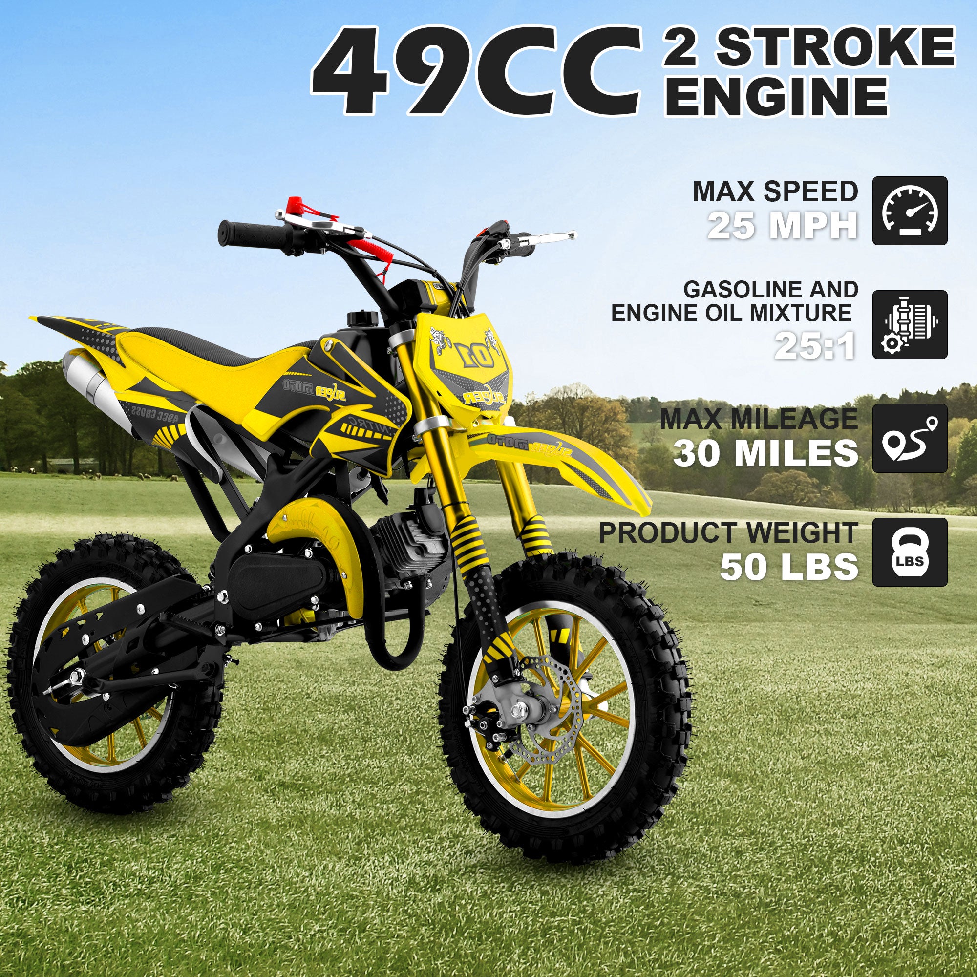 Gpower Gasoline 49cc Dirt Bike for Kids 6-15,2-Stroke Gas Power Mini Dirt Bike,1-Seater,Yellow