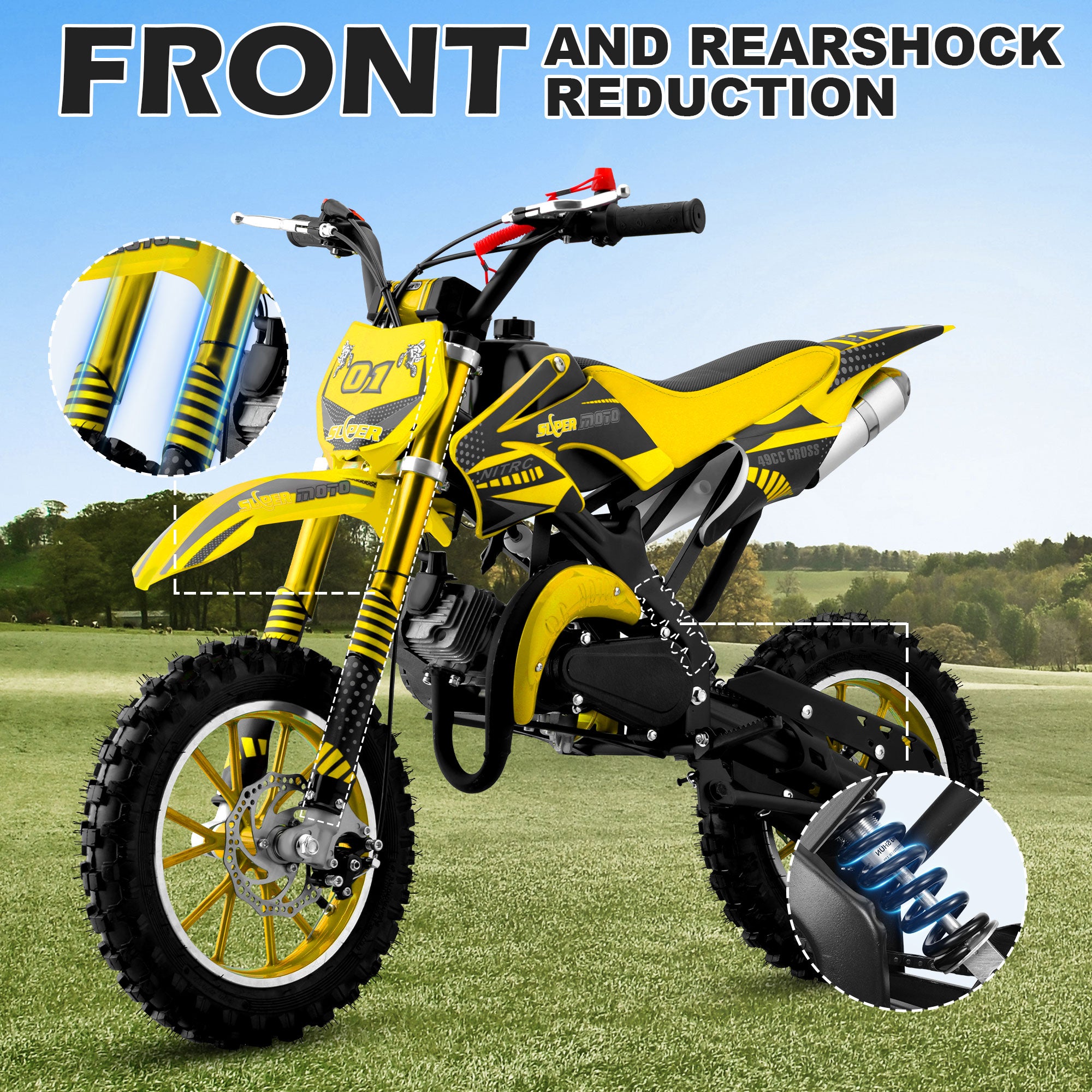 Gpower Gasoline 49cc Dirt Bike for Kids 6-15,2-Stroke Gas Power Mini Dirt Bike,1-Seater,Yellow