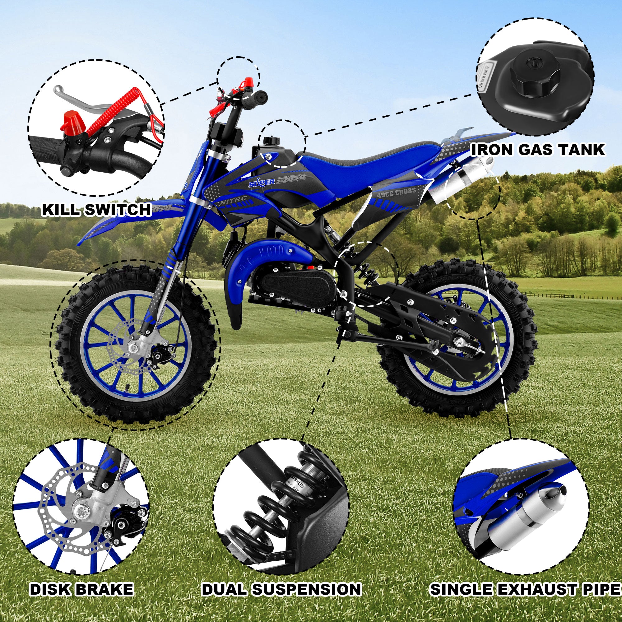 Gpower Gasoline 49cc Dirt Bike for Kids 6-15,2-Stroke Gas Power Mini Dirt Bike,1-Seater,Blue