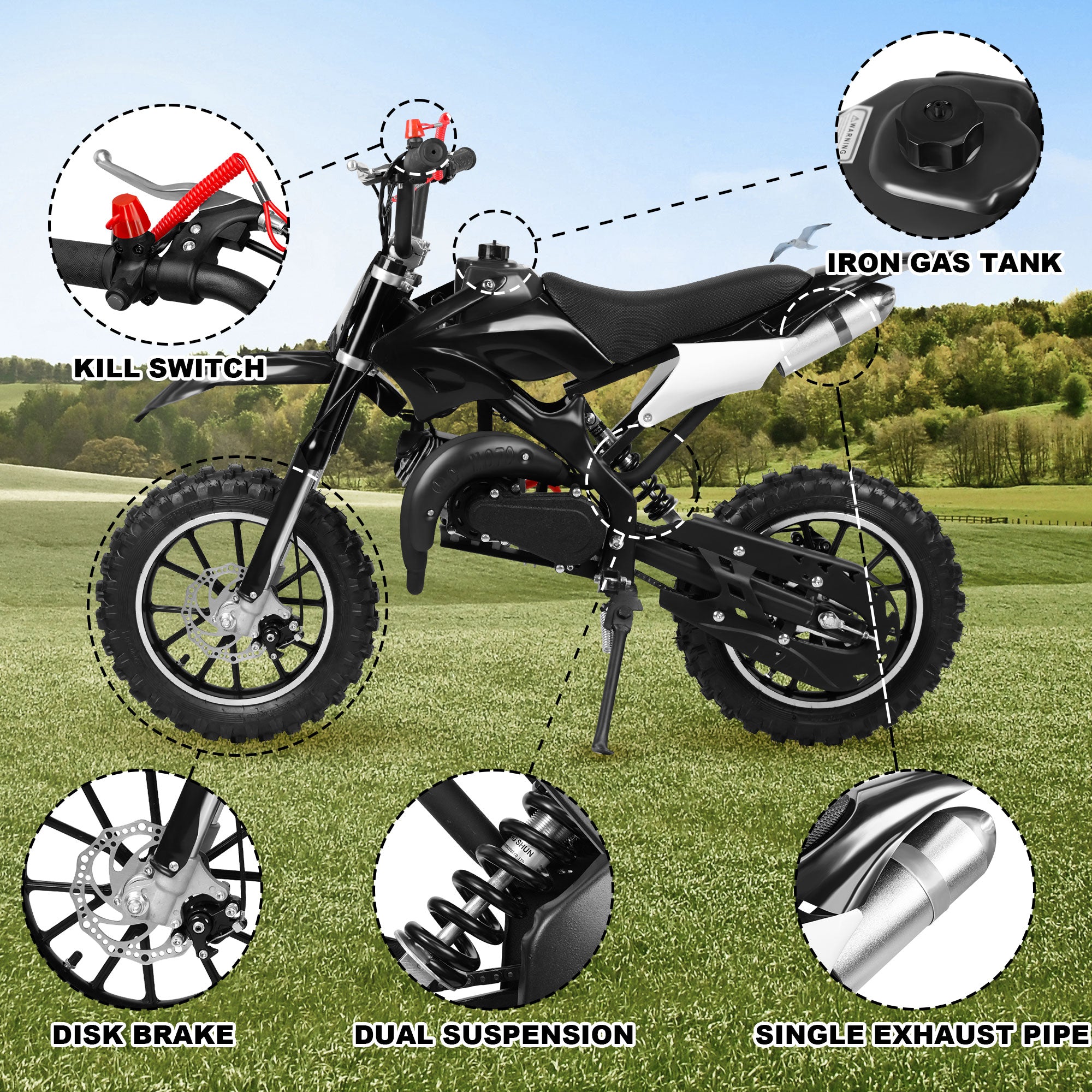 Gpower 49cc Dirt Bike for Kids 6–15, 2-Stroke Gas-Powered Mini Bike, 1-Seater, Black