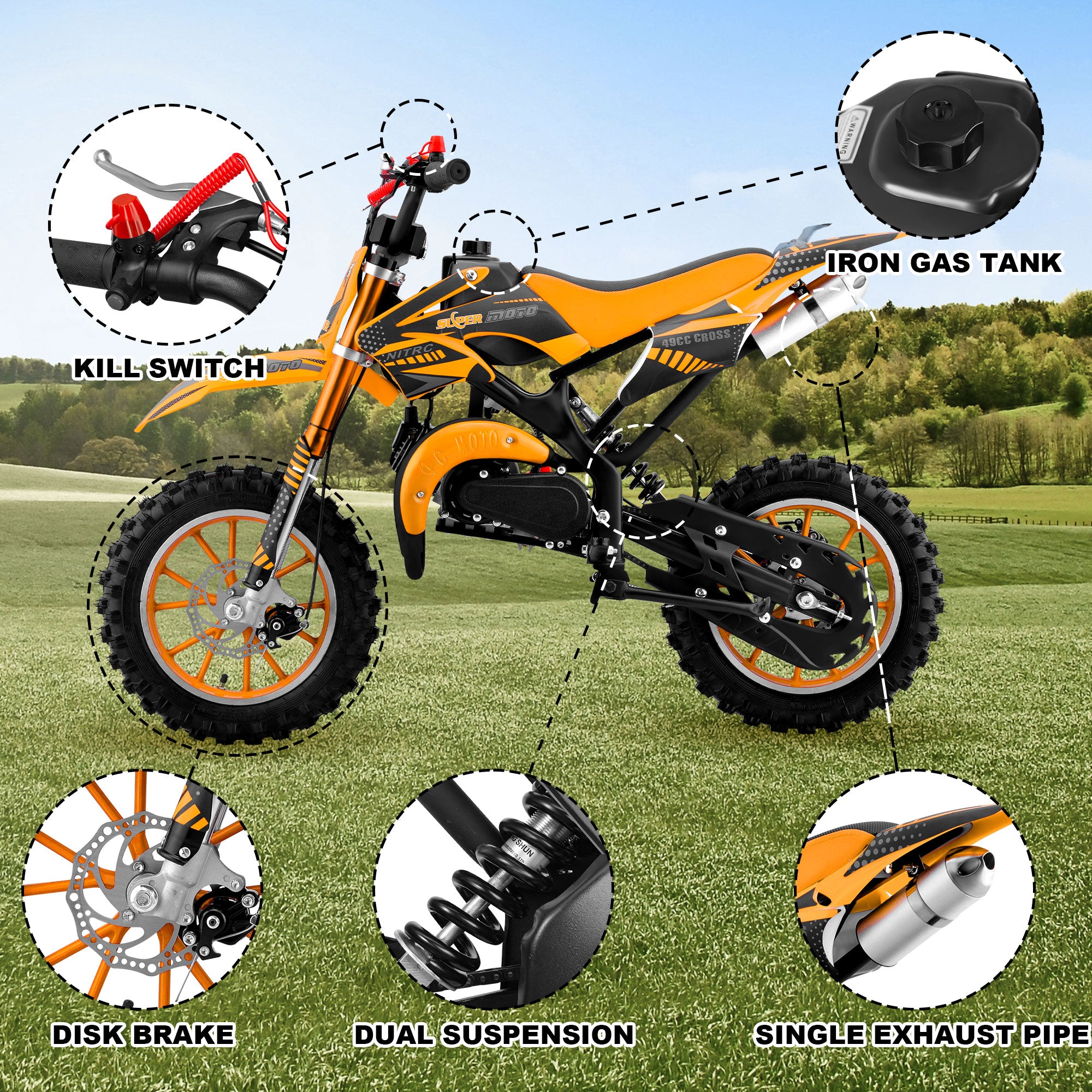 Gpower Gasoline 49cc Dirt Bike for Kids 6-15,2-Stroke Gas Power Mini Dirt Bike,1-Seater,Orange