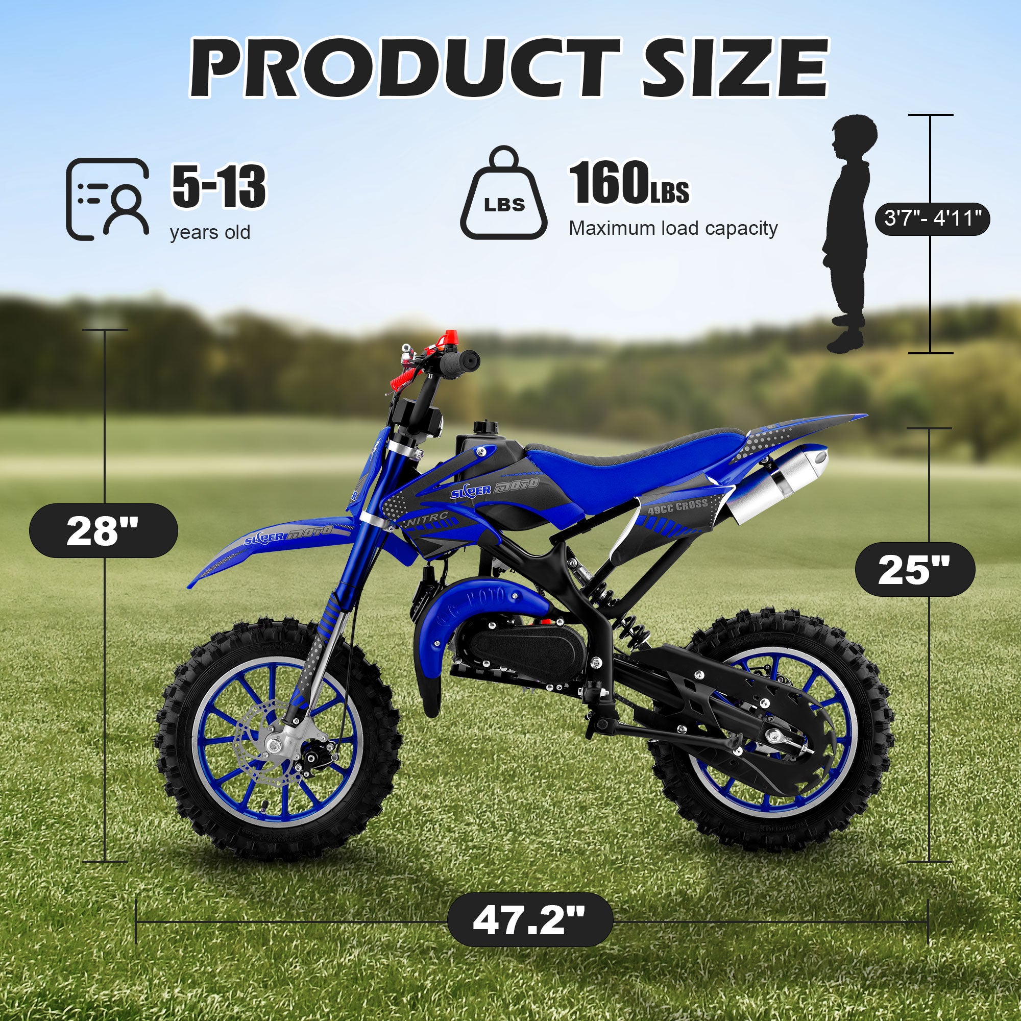 Gpower Gasoline 49cc Dirt Bike for Kids 6-15,2-Stroke Gas Power Mini Dirt Bike,1-Seater,Blue