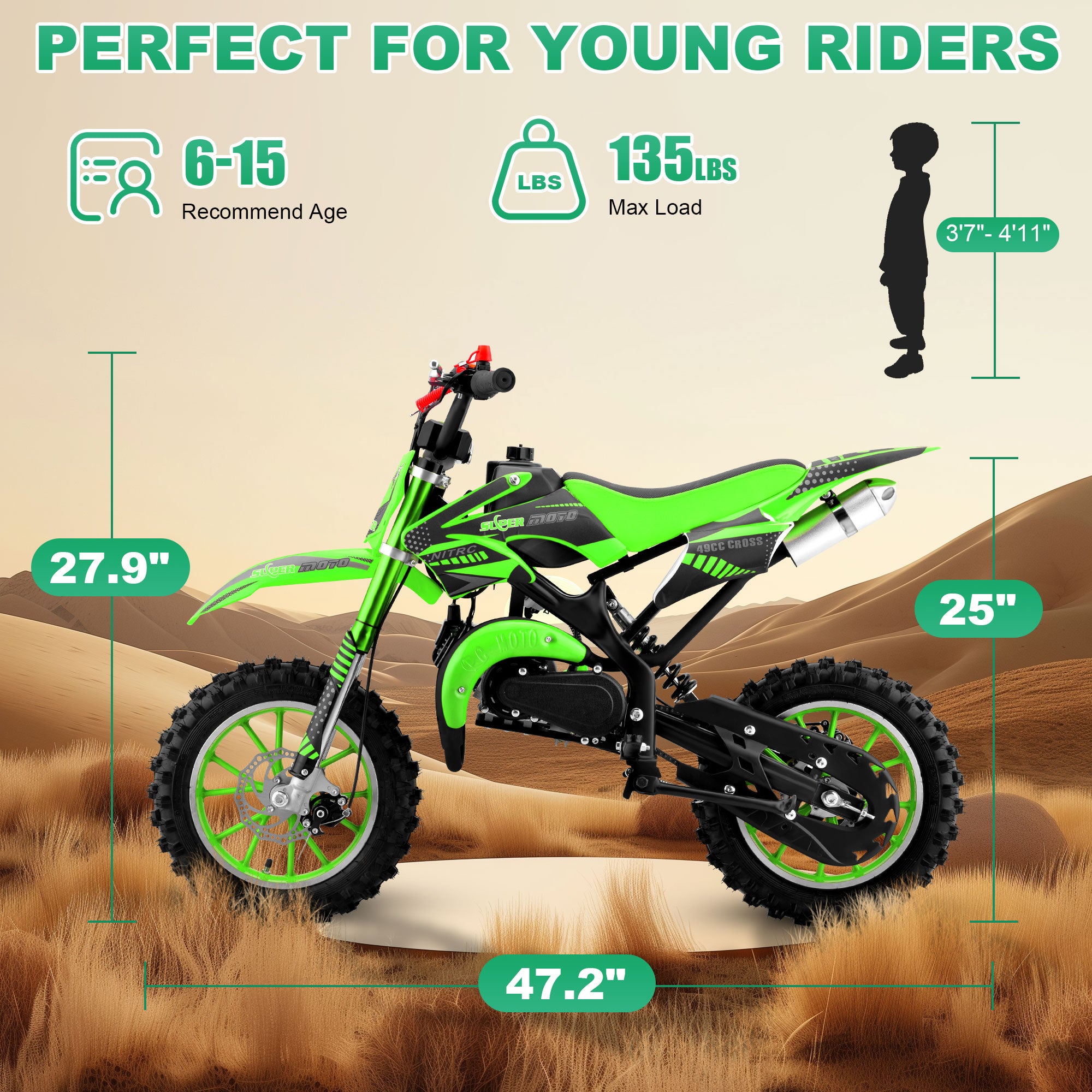 Gpower Gasoline 49cc Dirt Bike for Kids 6-15,2-Stroke Gas Power Mini Dirt Bike,Green