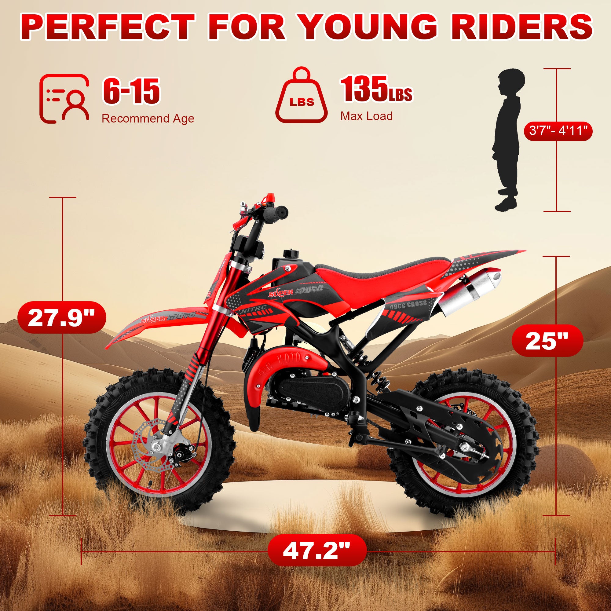Gpower 49cc Dirt Bike for Kids 6-15,2-Stroke Gas Powered Mini Dirt Bike,1.5L Fuel Capacity,1-Seater,Red