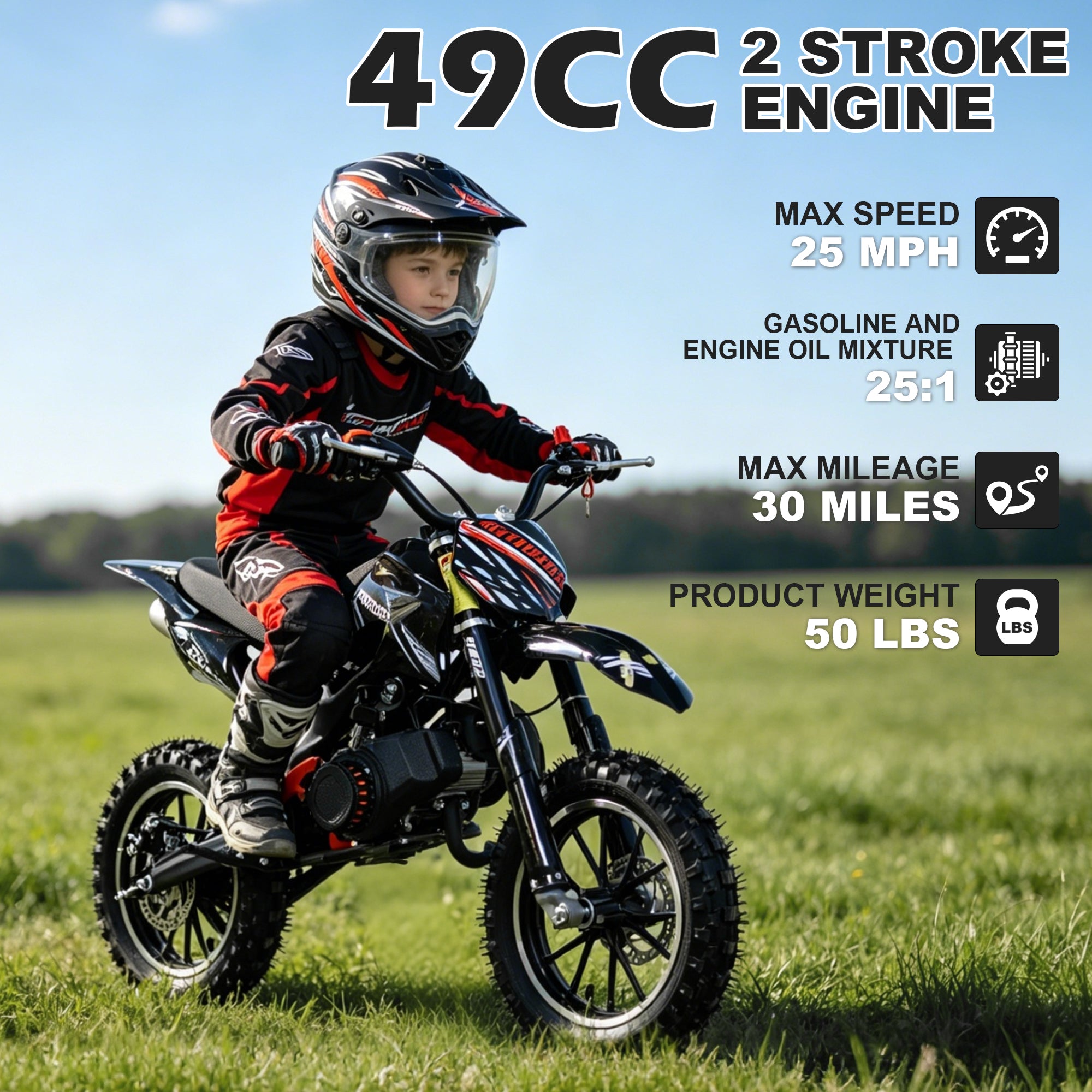 Gpower 49cc Dirt Bike for Kids 6–15, 2-Stroke Gas-Powered Mini Bike, 1-Seater, Black