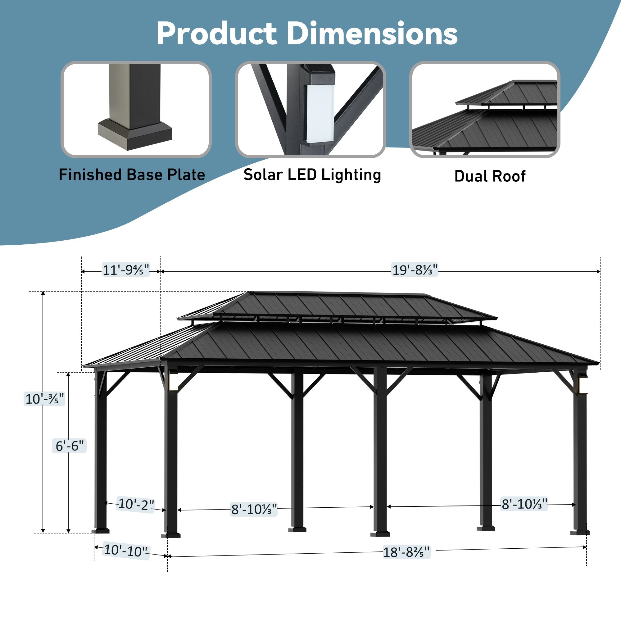 FONA 12'x20' Hardtop Gazebo with Steel Roof,Lights,Mosquito Netting & Hooks,Black
