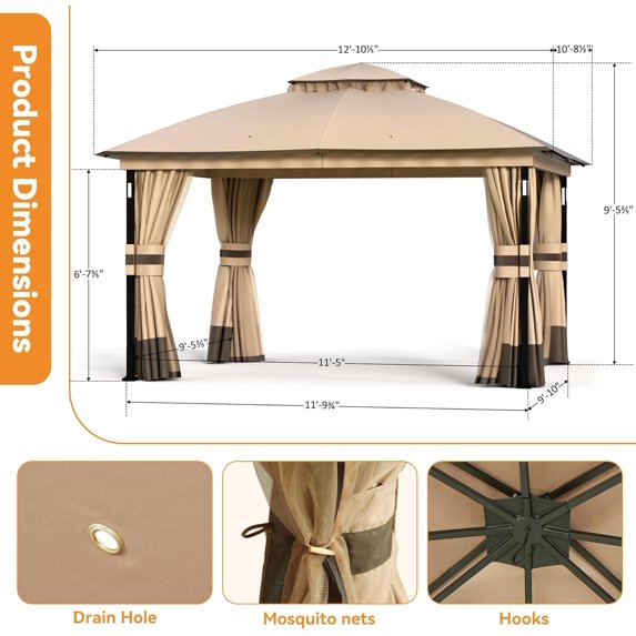 FONA Patio Gazebo 11'x13' with LED Lights & Bluetooth Speaker, Heavy Duty Outdoor Canopy Shelter with Metal Frame, Double Roofs, Soft-top Gazebo with Netting and Curtains for Backyard