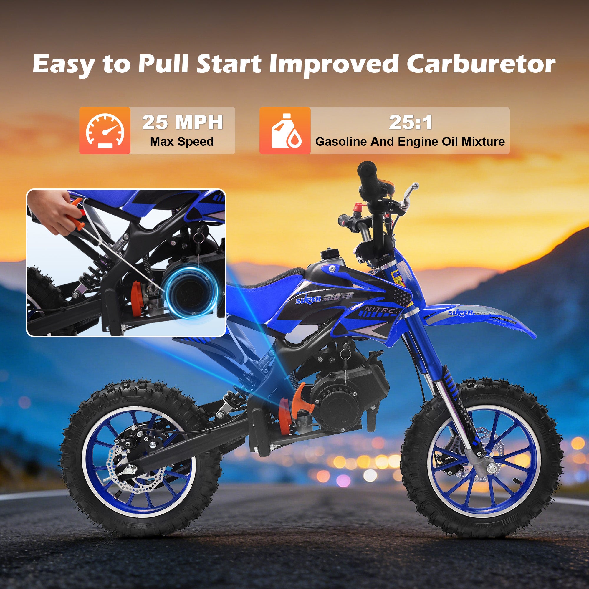 Gpower 49cc Dirt Bike for Kids 6-15,2-Stroke Gas Powered Mini Dirt Bike,1.5L Fuel Capacity,1-Seater,Blue