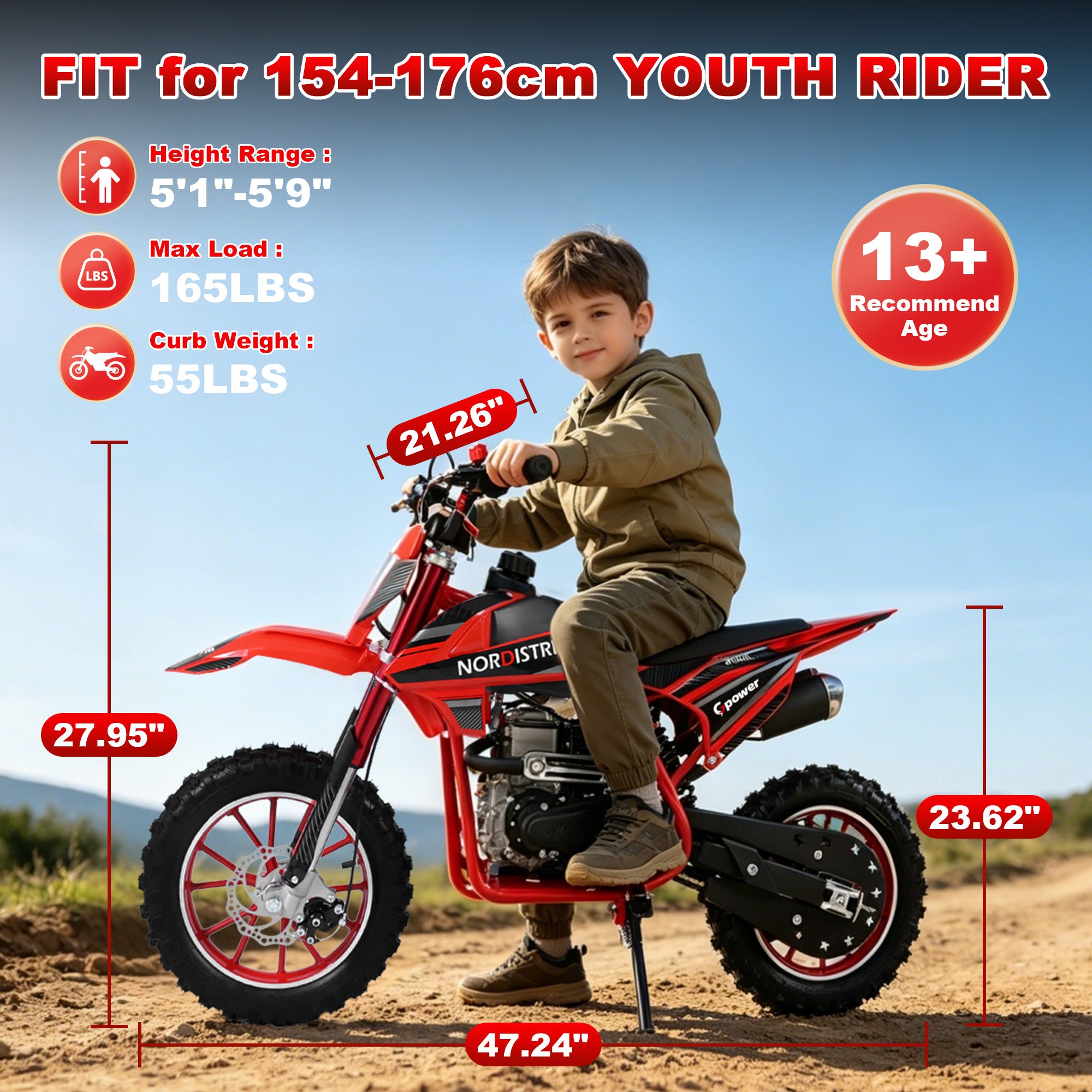 Gpower 50cc 4-Stroke Dirt Bike for Kids 13-17, Gas Power Mini Dirt Bike,1-Seater,Red