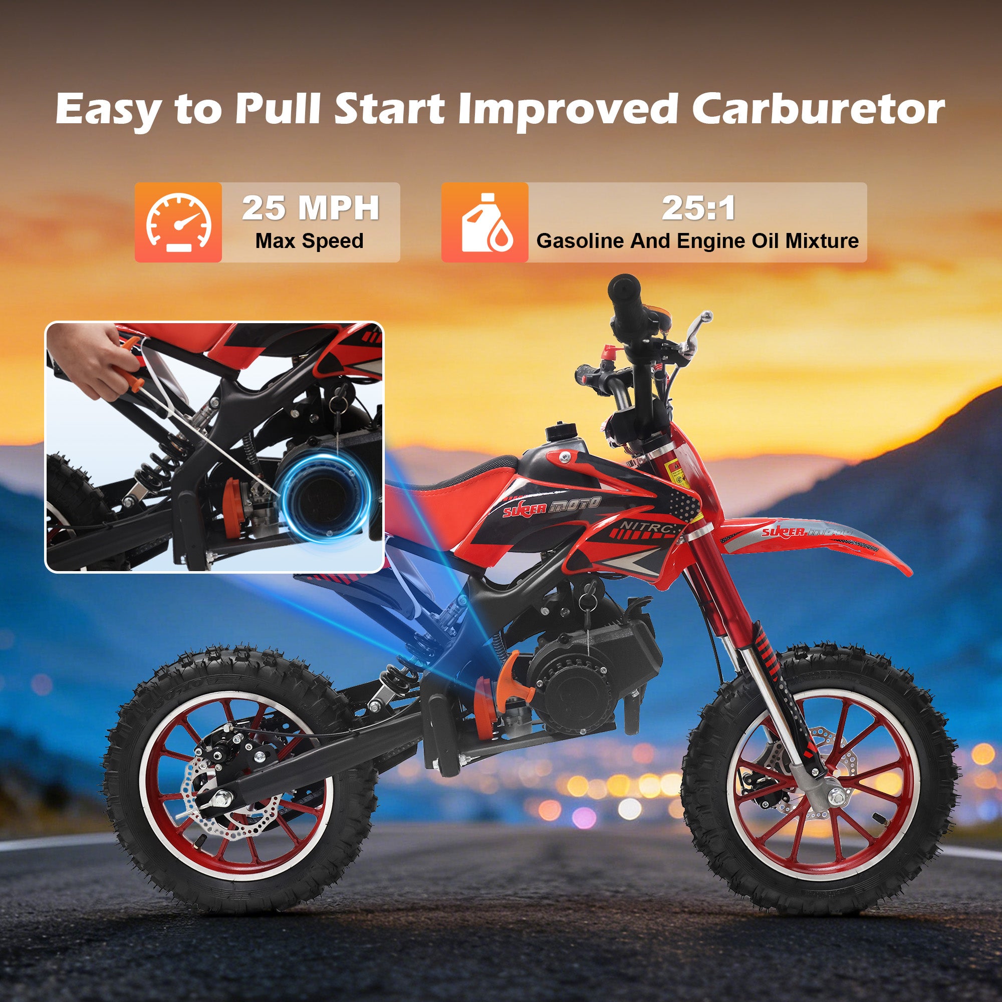 Gpower Mini Dirt Bike, 49cc 2-Stroke Gasoline Motorcycle for Kids 6-15 Years Old, Red
