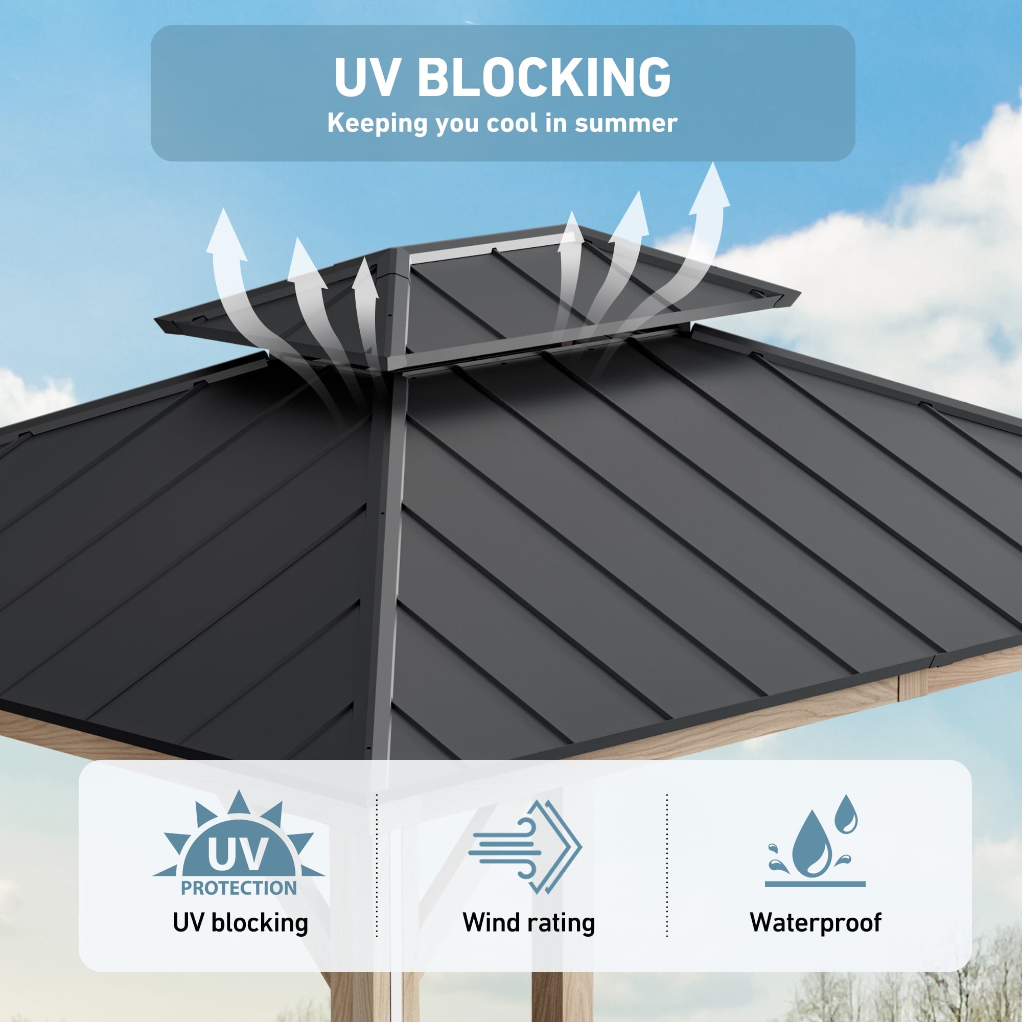 FONA 10'x12' Hardtop Gazebo with LED Lights,Double Roof,USB Port,Netting & Curtains for Patio,Brown