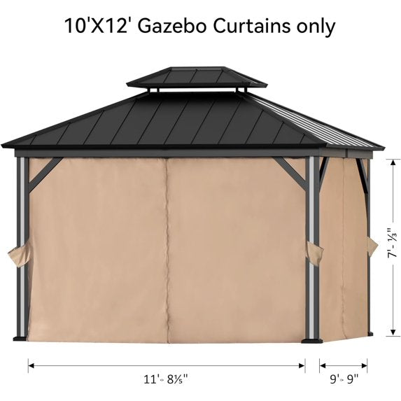 FONA Gazebo Curtain Replacement Universal 4-Panel Sidewalls 10' x 12', Outdoor Gazebo Privacy Curtains with Zipper, Replacement for Outdoor, Patio Canopy, Garden and Backyard