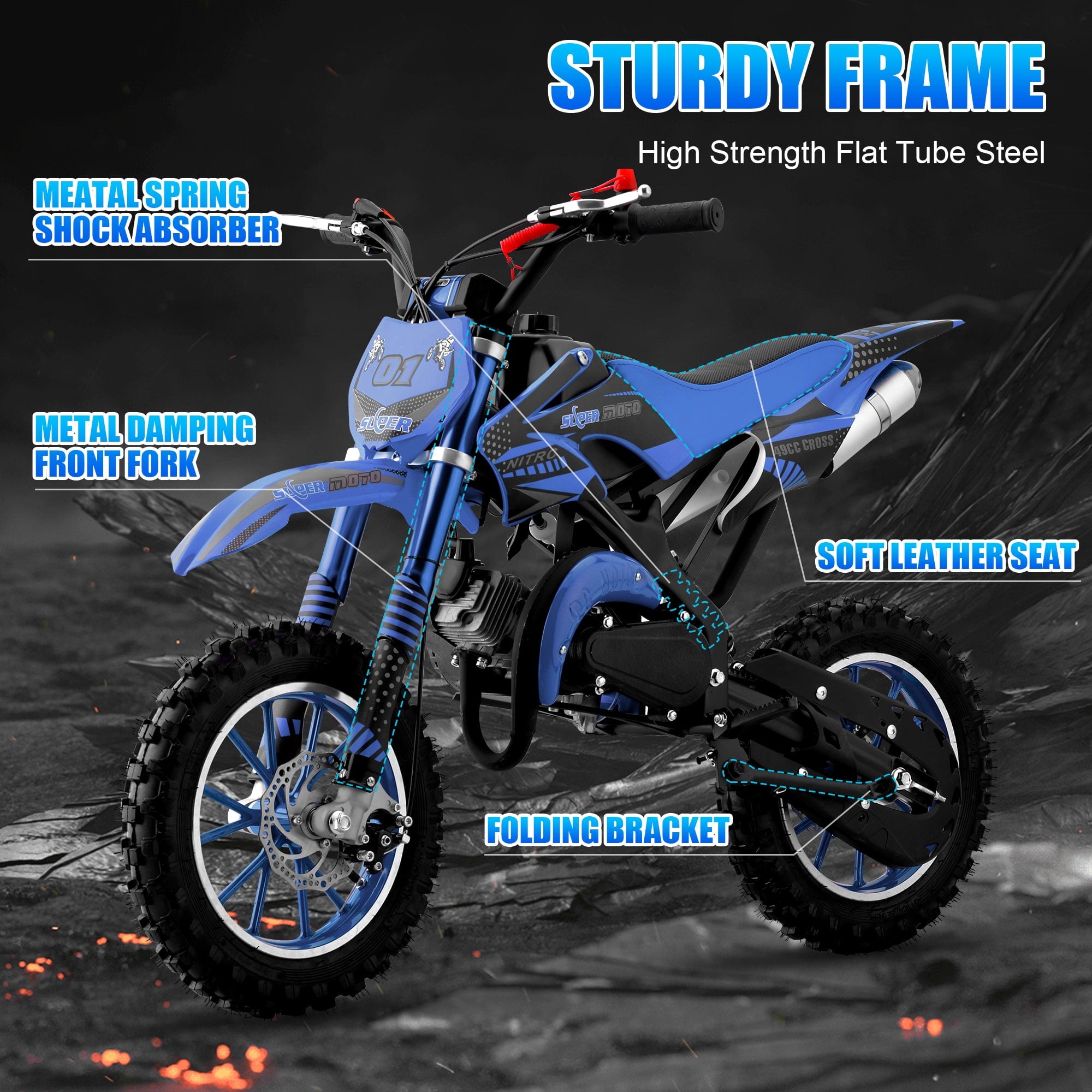 Ktoebyco 49cc Kids Dirt Bike, Gasoline Powered 2-Stroke Mini Motorcycle, 1-Seater, 1.5L Fuel Capacity, Blue