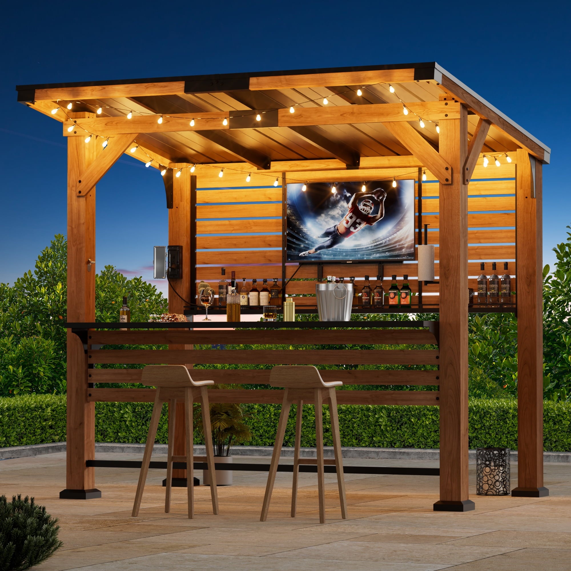 FONA 6.5'x8' Cedar Wood Bar&Grill Gazebo with Shelves,TV Mount,Hardtop Steel Roof,Power Strip