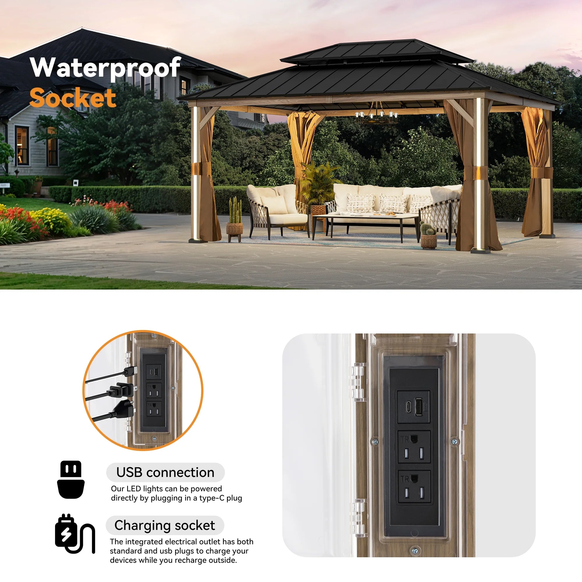 Modern Shade Permanent Hardtop Gazebo 12' x 16' with 4 LED Lights, Outdoor Gazebo with Double Roof, Aluminum Frame, Gazebo with USB Charging Port Deck, Mosquito Netting Curtains, Wood-Looking