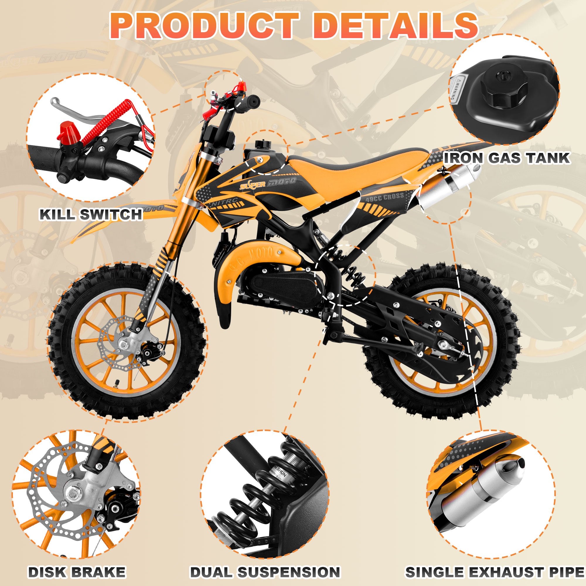 Ktoebyco Dirt Bike 49cc 2-Stroke Gas Mini Motorcycle for Kids Orange