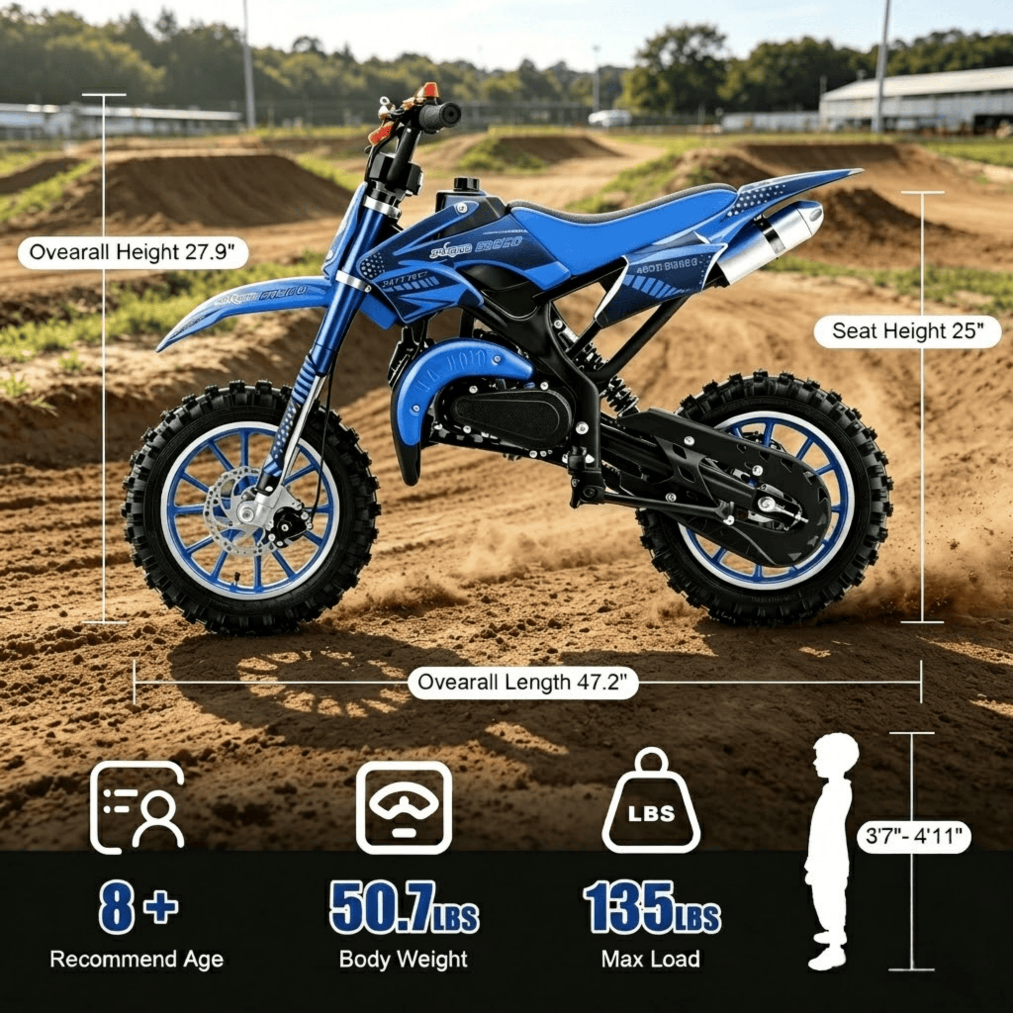 Ktoebyco 49cc Kids Dirt Bike, Gasoline Powered 2-Stroke Mini Motorcycle, 1-Seater, 1.5L Fuel Capacity, Blue