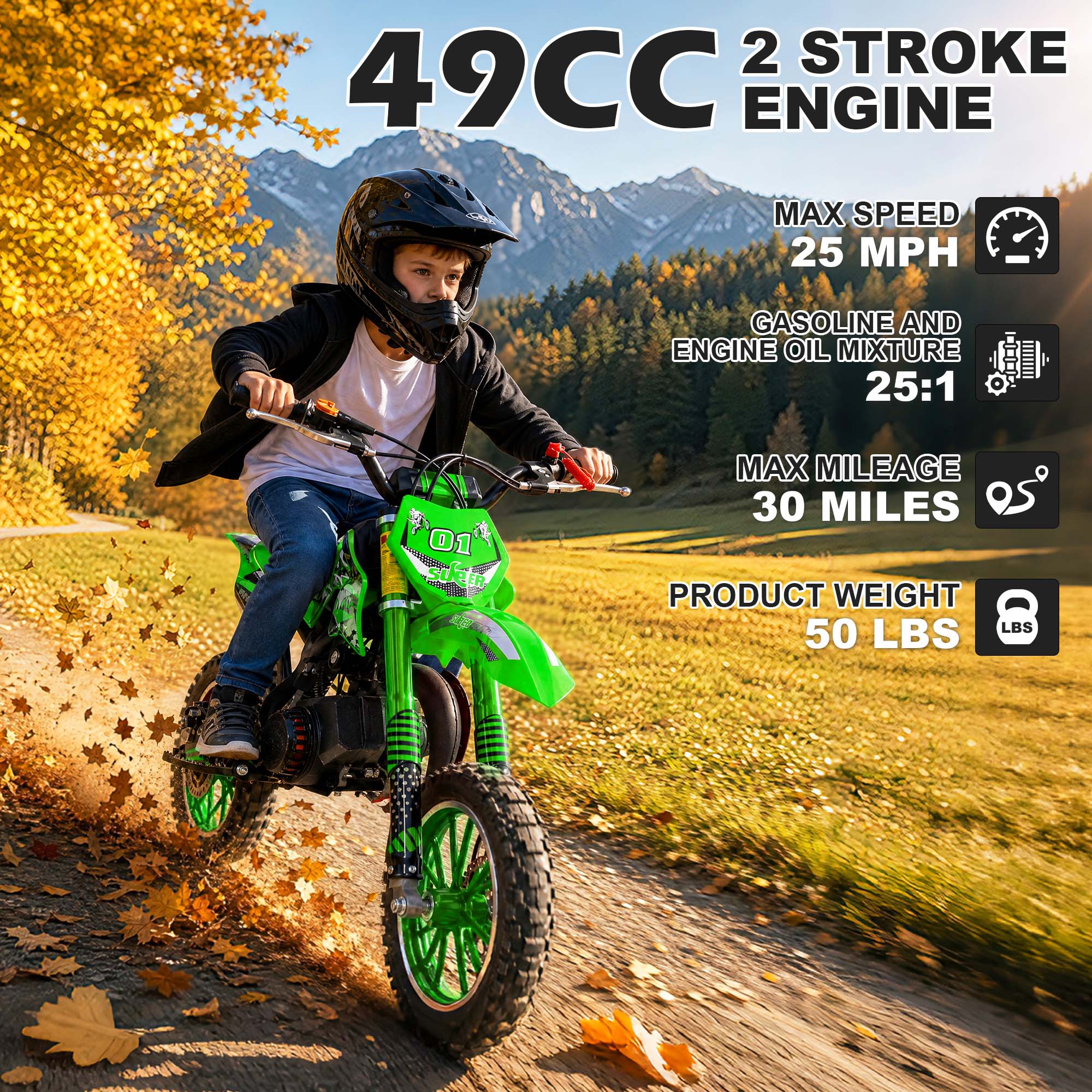 Gpower Gasoline 49cc Dirt Bike for Kids 13-17,2-Stroke Gas Power Mini Dirt Bike,Green