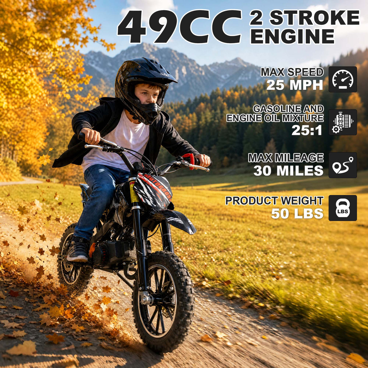 Gpower 49cc Dirt Bike for Kids 6–15, 2-Stroke Gas-Powered Mini Bike, 1-Seater, Black