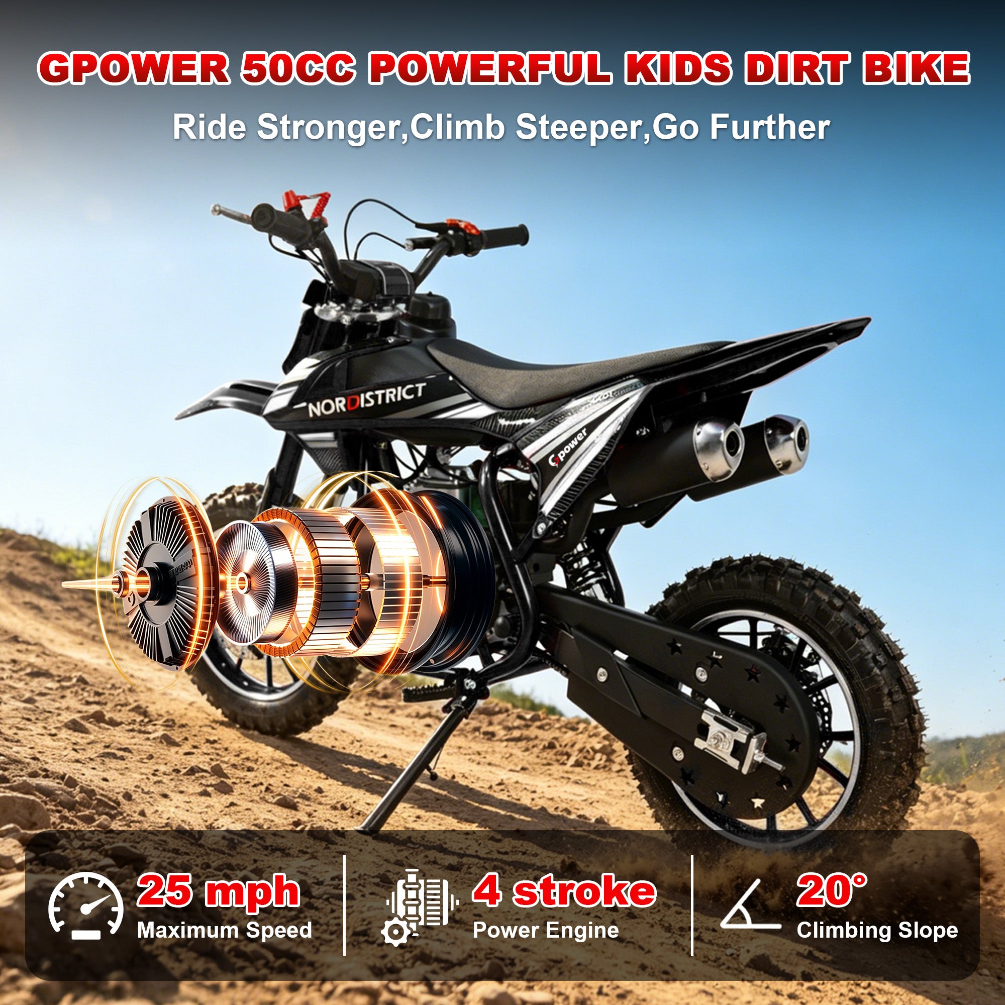 Gpower 50cc 4-Stroke Dirt Bike for Kids 13-17, Gas Power Mini Dirt Bike,1-Seater,Black