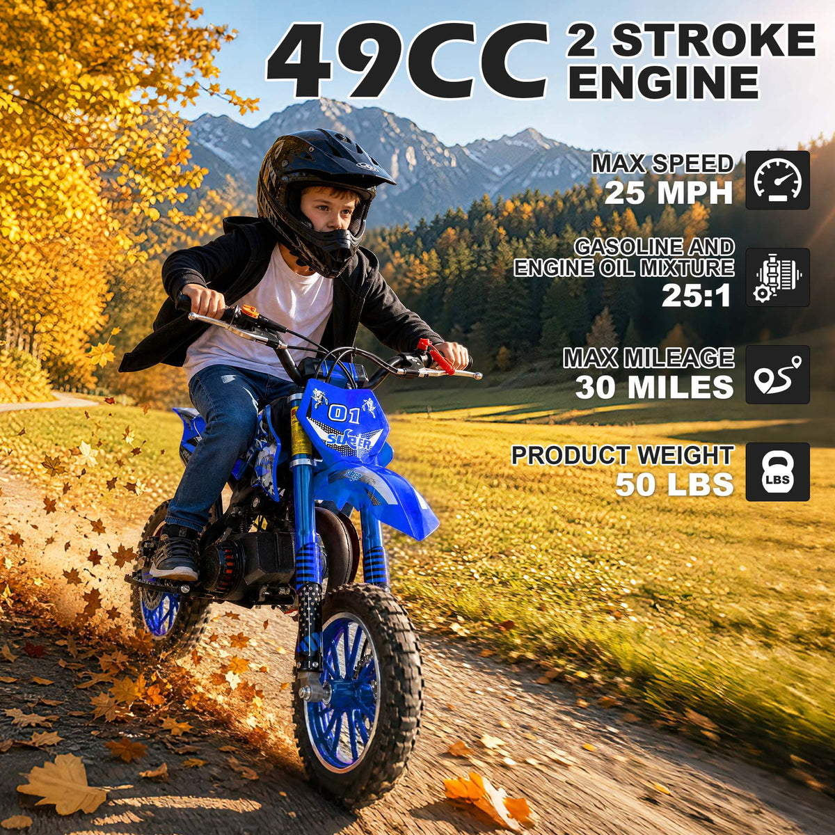 Gpower Gasoline 49cc Dirt Bike for Kids 6-15,2-Stroke Gas Power Mini Dirt Bike,1-Seater,Blue