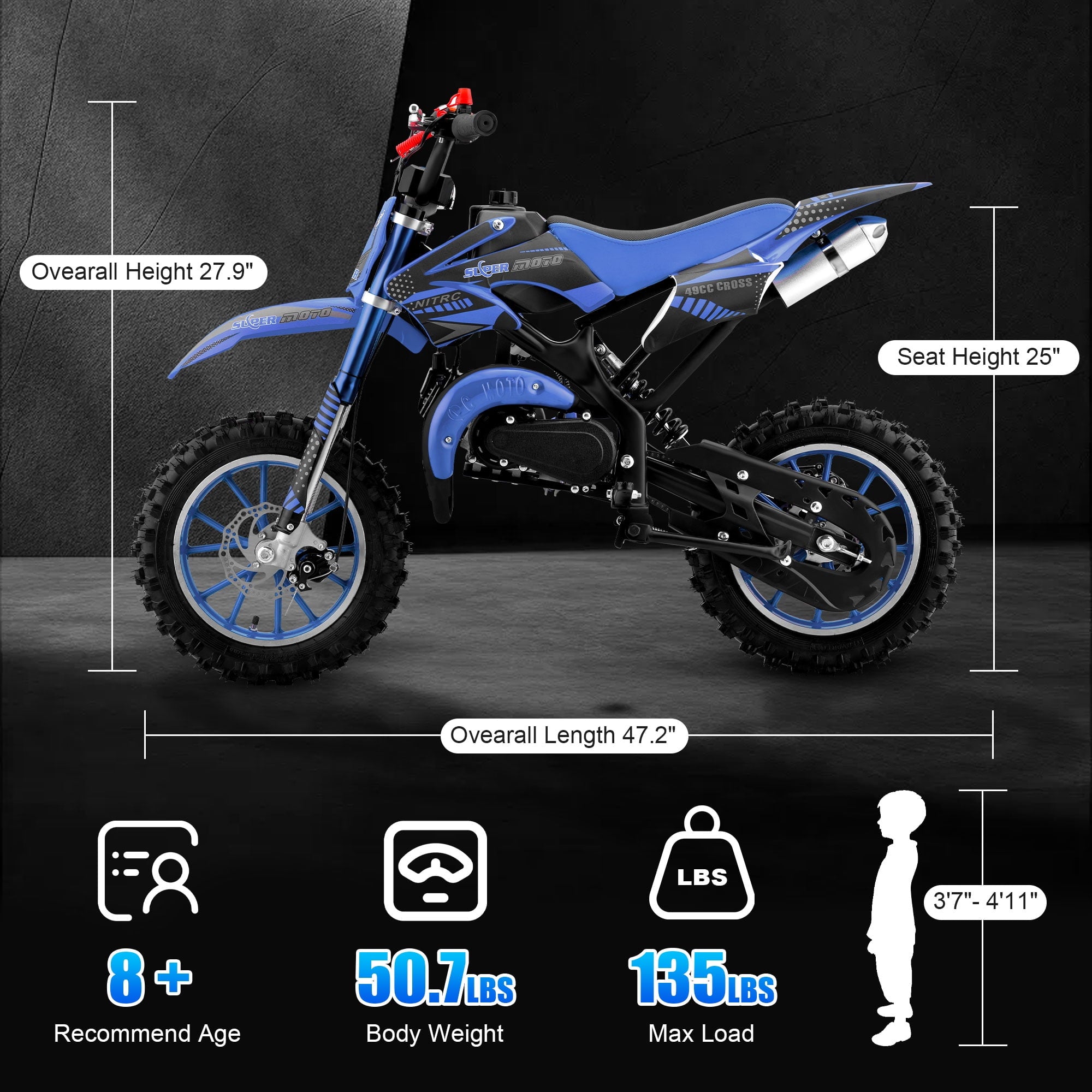 Ktoebyco 49cc Kids Dirt Bike, Gasoline Powered 2-Stroke Mini Motorcycle, 1-Seater, 1.5L Fuel Capacity, Blue