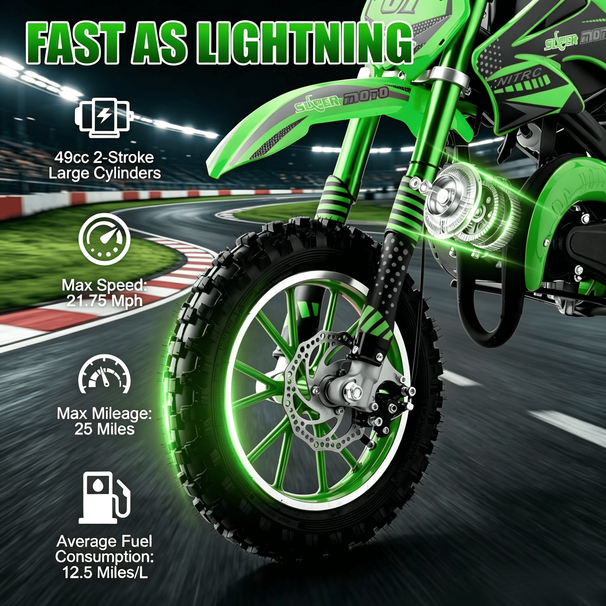 Ktoebyco 49cc Kids Mini Dirt Bike, 2-Stroke Gas-Powered Motorcycle, 1.5L Fuel Capacity,Green