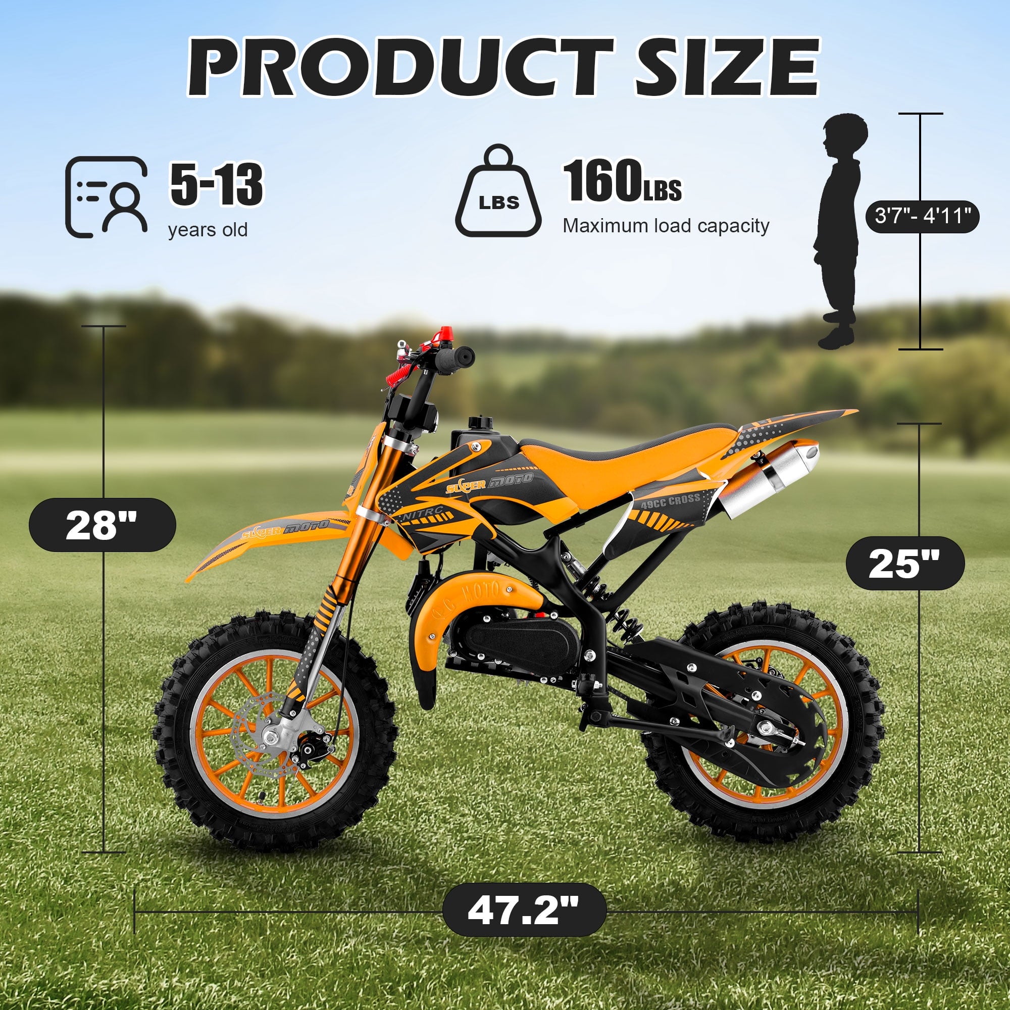 Gpower Gasoline 49cc Dirt Bike for Kids 6-15,2-Stroke Gas Power Mini Dirt Bike,Orange
