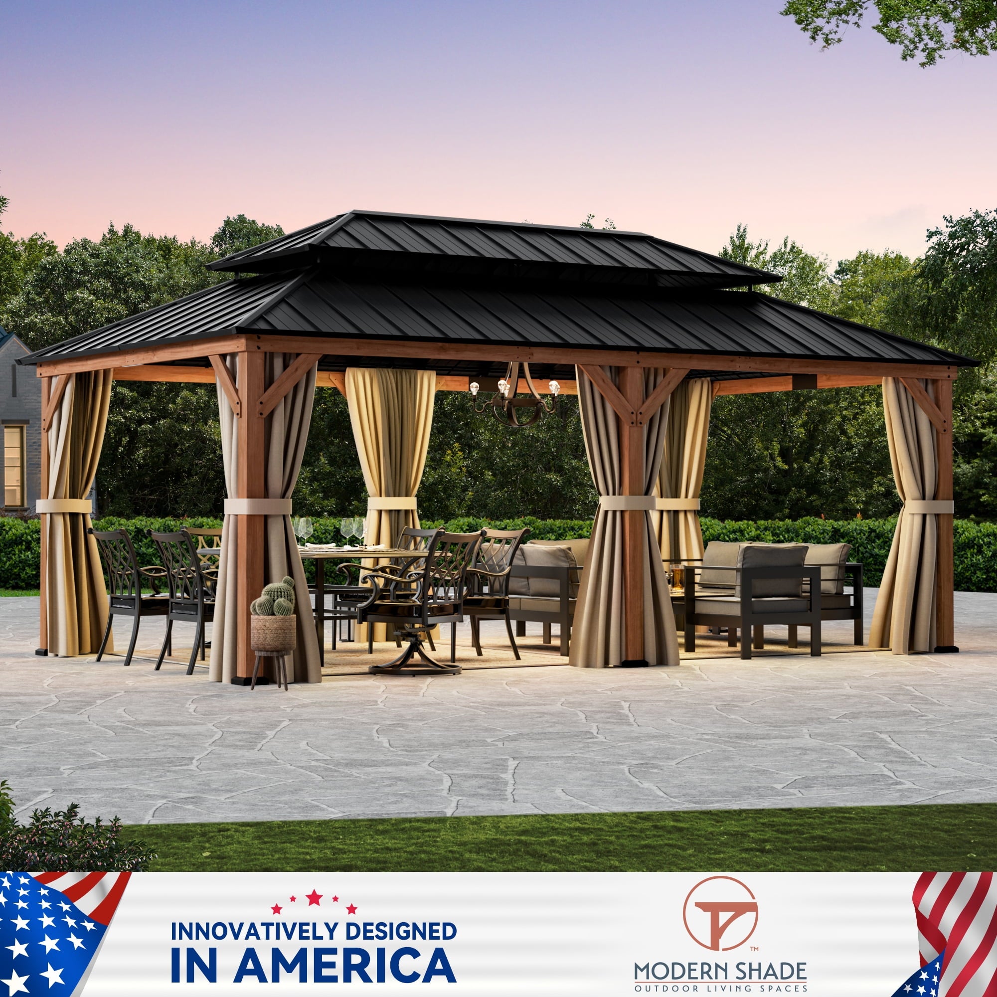 Modern Shade 12x20 Wood Gazebo,Cedar Framed Wooden Hard-Top Gazebo,Double Galvanized Steel Roof,with Mosquito Net