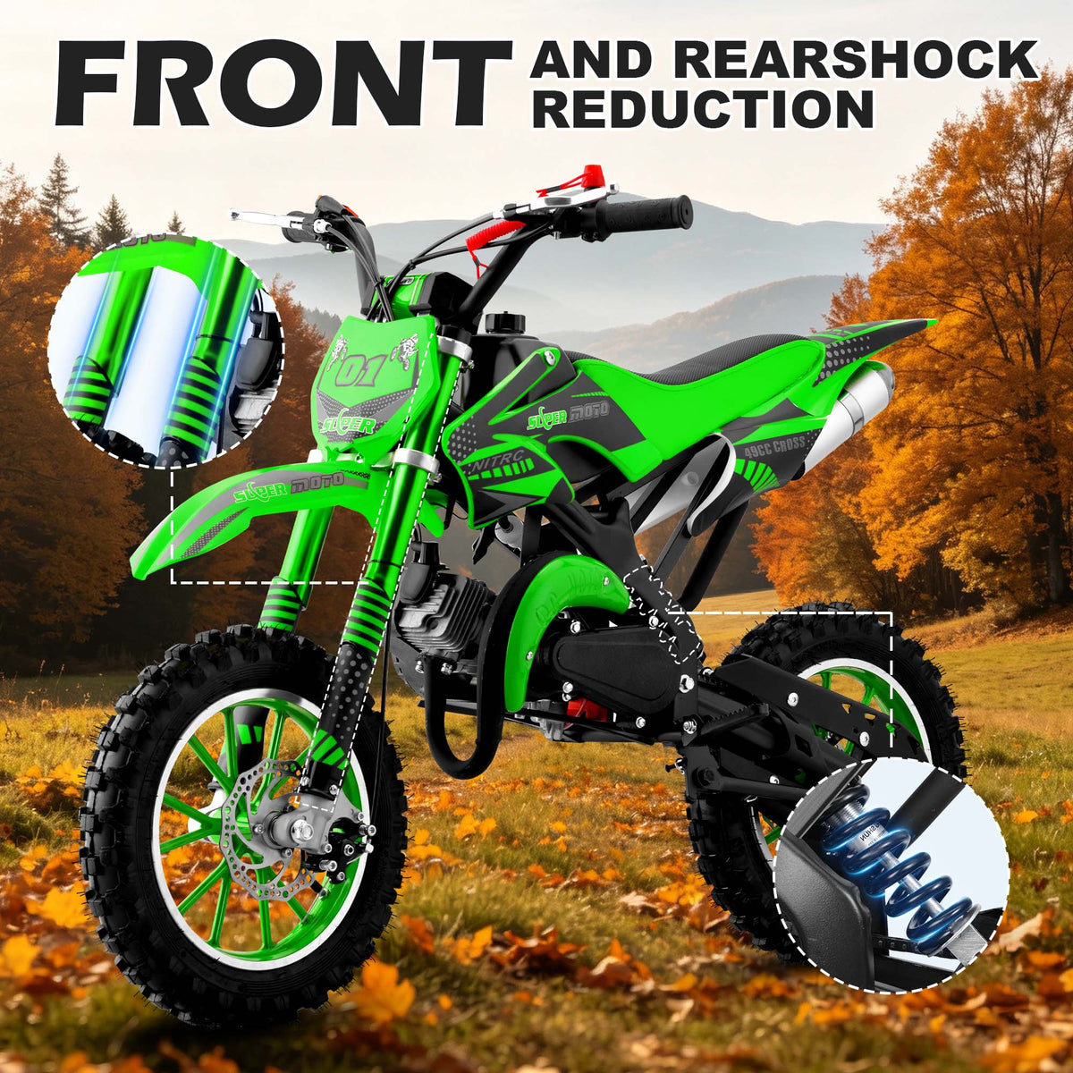 Gpower Gasoline 49cc Dirt Bike for Kids 13-17,2-Stroke Gas Power Mini Dirt Bike,Green
