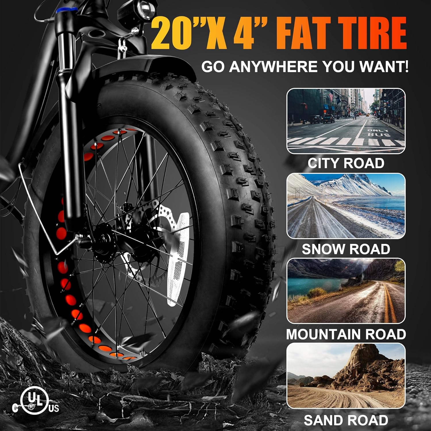 KTOEBYCO Foldable Electric Mountain Bike for Adult 20",Peak 1200W,Fat Tire,48V 15AH,UL2849,Black