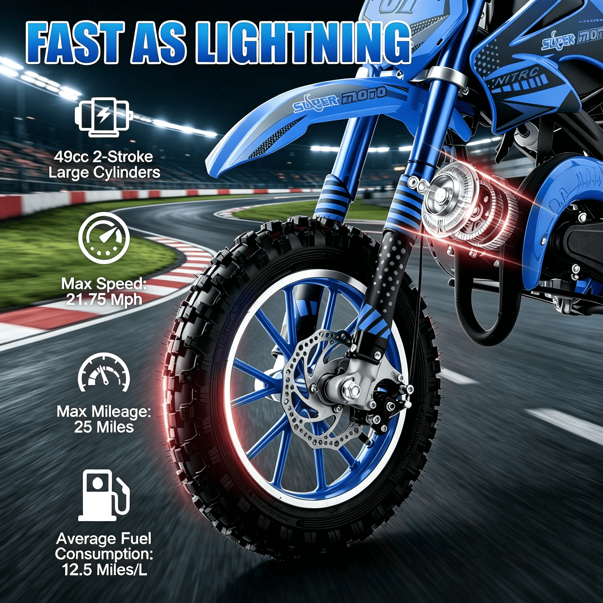 Ktoebyco 49cc Kids Dirt Bike, Gasoline Powered 2-Stroke Mini Motorcycle, 1-Seater, 1.5L Fuel Capacity, Blue