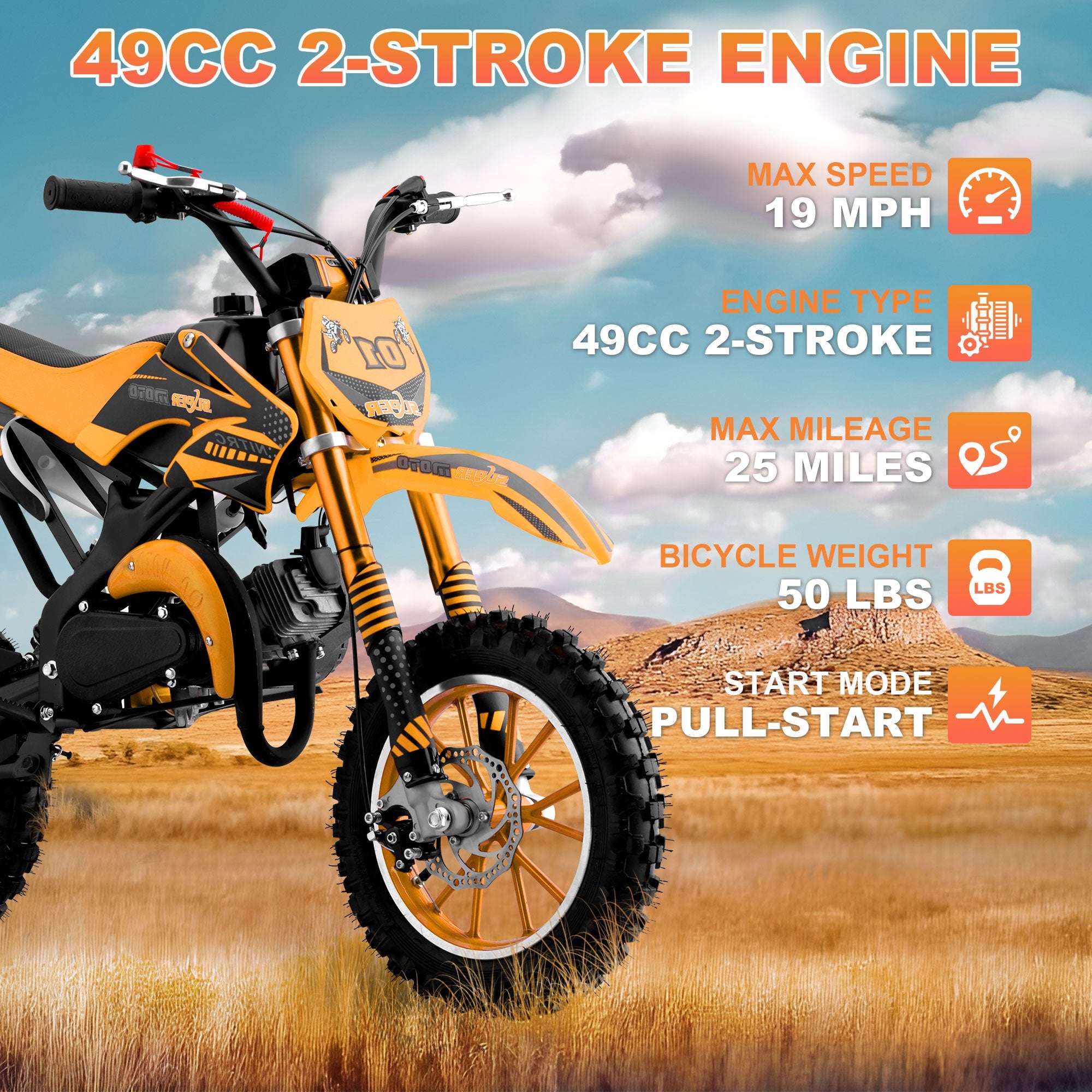 Ktoebyco Dirt Bike 49cc 2-Stroke Gas Mini Motorcycle for Kids Orange