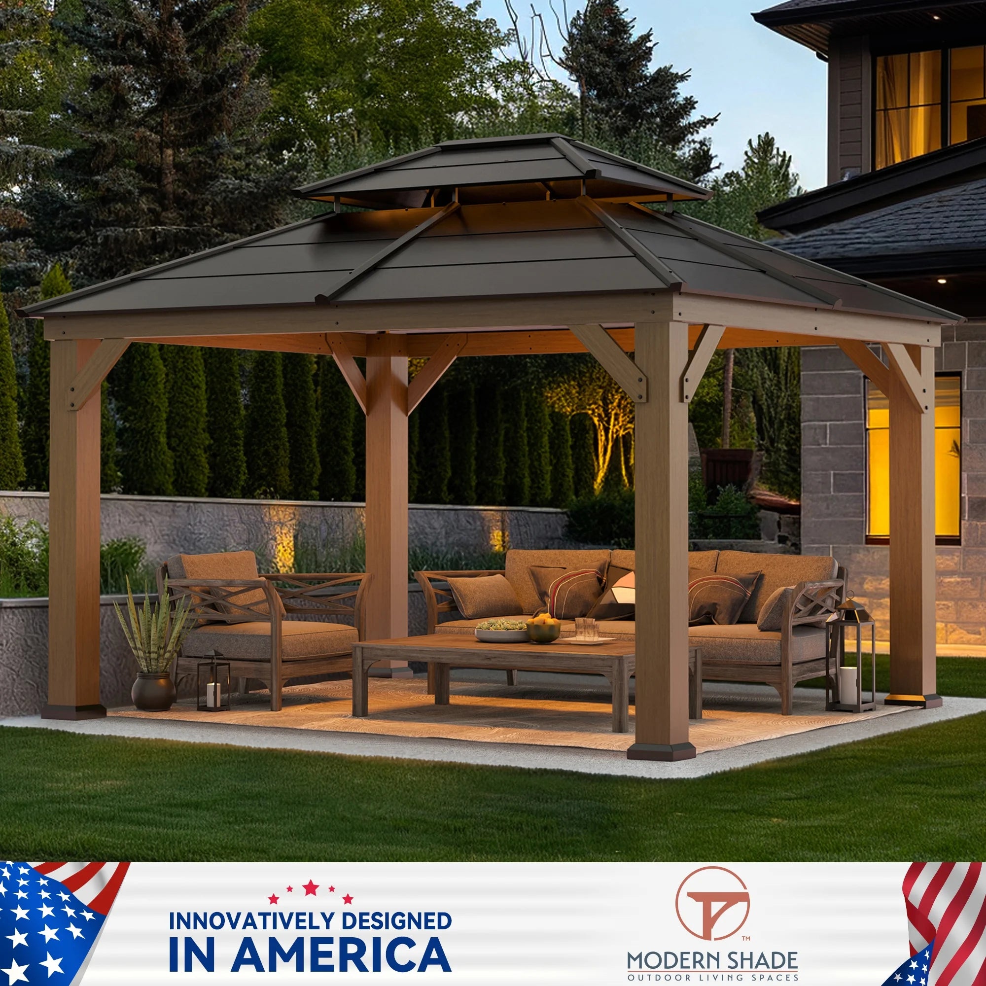 Modern Shade Wood Gazebo 11' x 13', Cedar Framed Wooden Gazebo with Double Galvanized Steel Roof, Hardtop Gazebo with Sturdy Hooks for Garden, Backyard patio and Deck