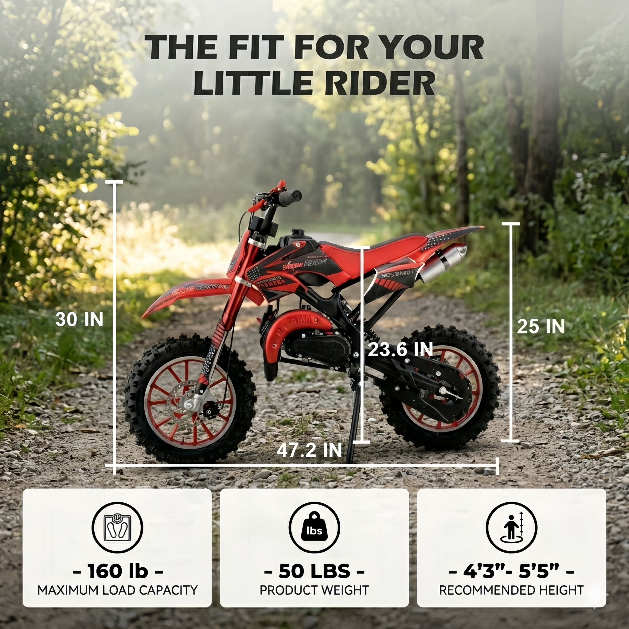 Epicord 50cc Kid Dirt Bike,2-Stroke Gas Mini Bike for Kids 8-14 Shock Absorption,Pull Start,Max Speed 40 MPH, 160 lb Capacity,Red