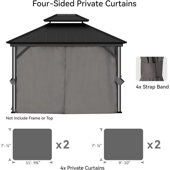 FONA Gazebo Curtain Replacement Universal 4-Panel Sidewalls 10' x 12', Outdoor Gazebo Privacy Curtains with Zipper, Replacement for Patio Canopy, Garden, Backyard, Grey