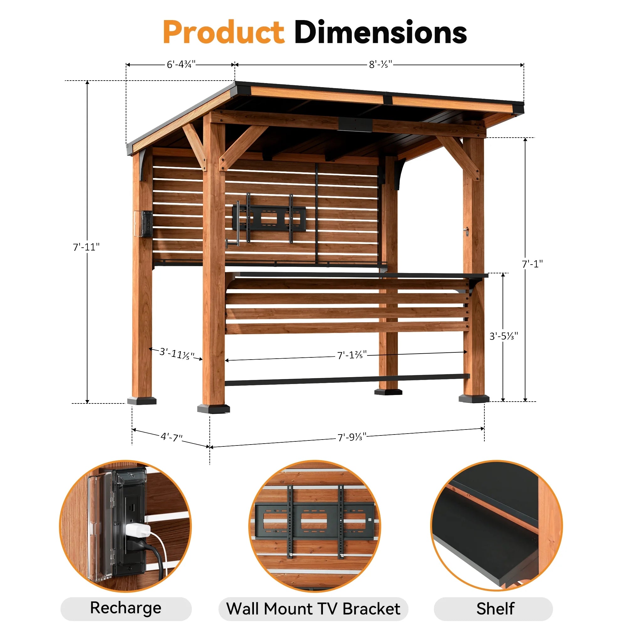 Modern Shade The Aura Cedar Wood Entertainment Bar Center, Wood Gazebo Grill Pavilion with Shelves & Paper Towel Holder, Grill Gazebo with Hardtop Steel Roof,TV Mount, Power Strip for Patio, Garden