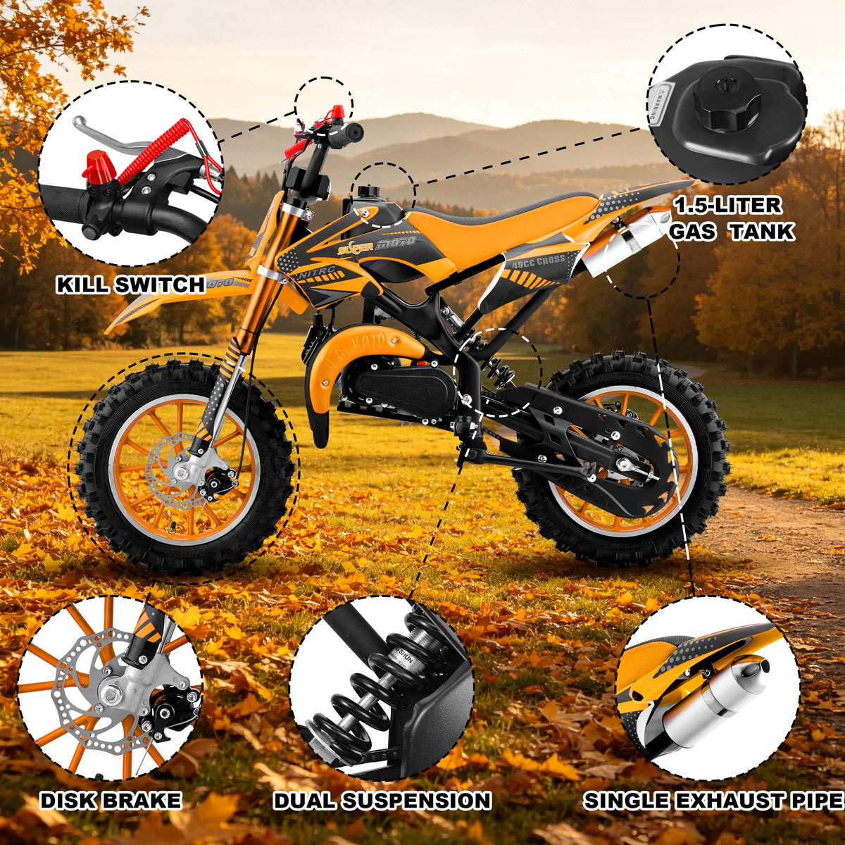 Gpower Gasoline 49cc Dirt Bike for Kids 6-15,2-Stroke Gas Power Mini Dirt Bike,1-Seater,Orange