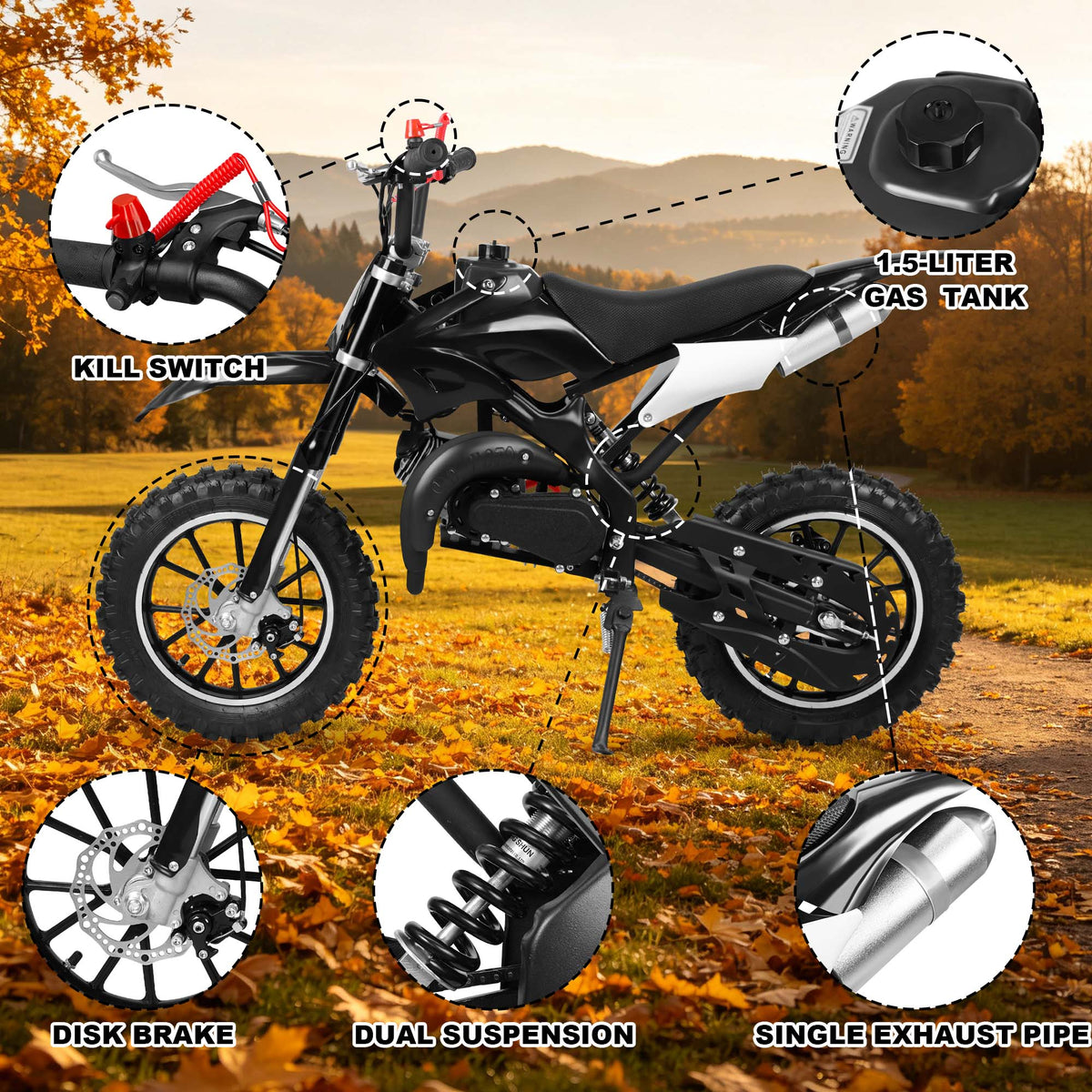 Gpower 49cc Dirt Bike for Kids 6–15, 2-Stroke Gas-Powered Mini Bike, 1-Seater, Black