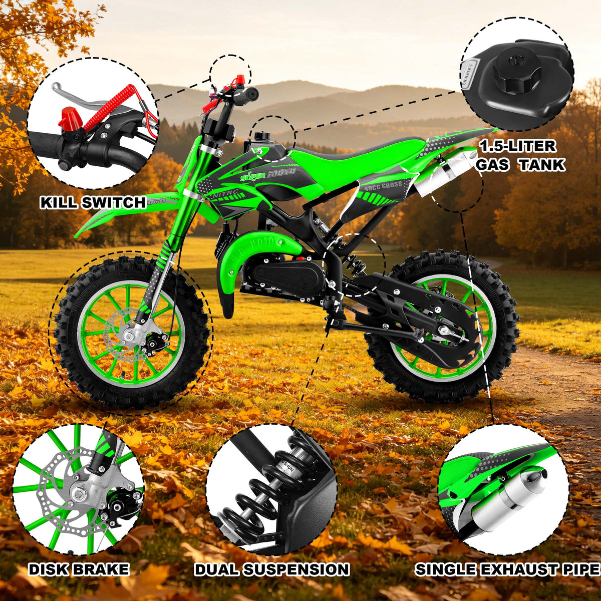 Gpower Gasoline 49cc Dirt Bike for Kids 13-17,2-Stroke Gas Power Mini Dirt Bike,Green