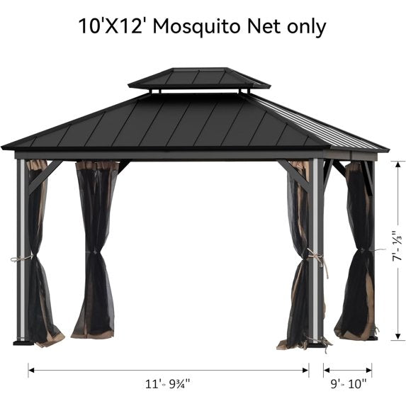 FONA Gazebo Mosquito Netting Replacement Universal 4-Panel Sidewalls 10' x 12', Outdoor Gazebo Mosquito Nettings with Double Zipper, Replacement for Patio Canopy, Garden