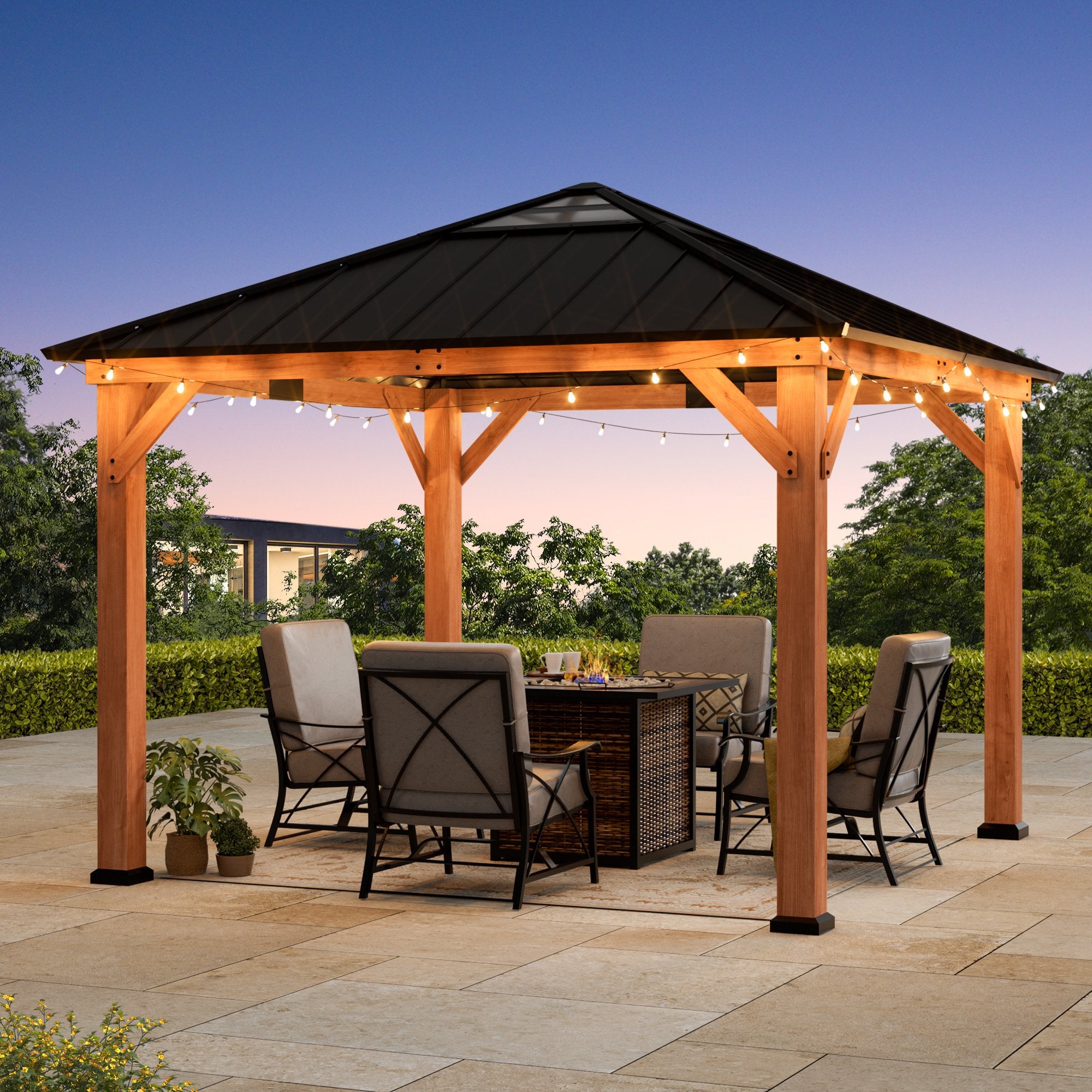 FONA 11'x11' Wood Gazebo with Galvanized Steel Roof & Sunshine Board,Permanent Hardtop Pavilion