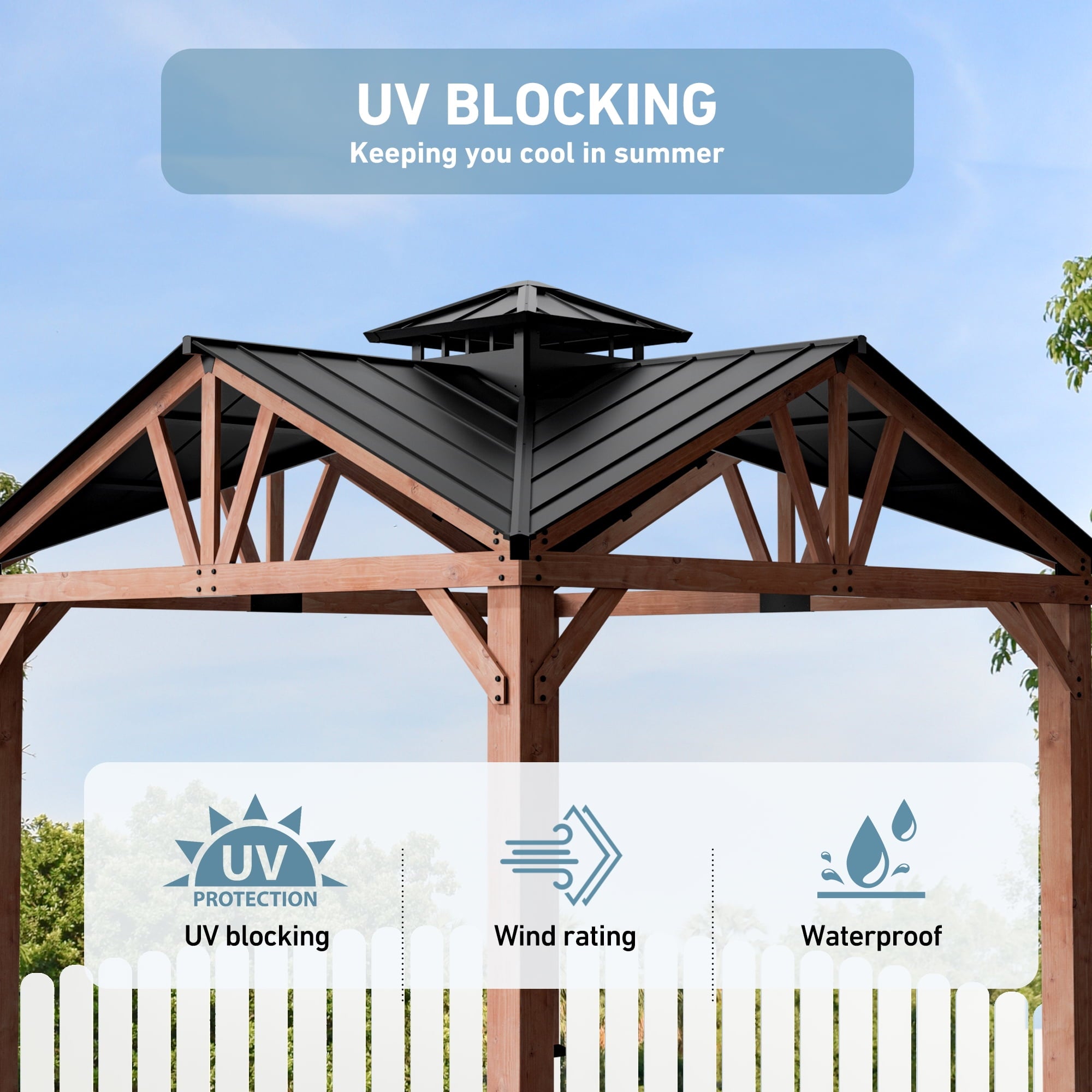 Modern Shade Wood Gazebo 12’x12’, Heavy Duty Hardtop Gazebo with Steel Roof, Water Resistant, Wind Resistant, Perfect for Your Permanent Outdoor Pavilion, Solid Wood Framed Gazebo, Cedar Gazebo