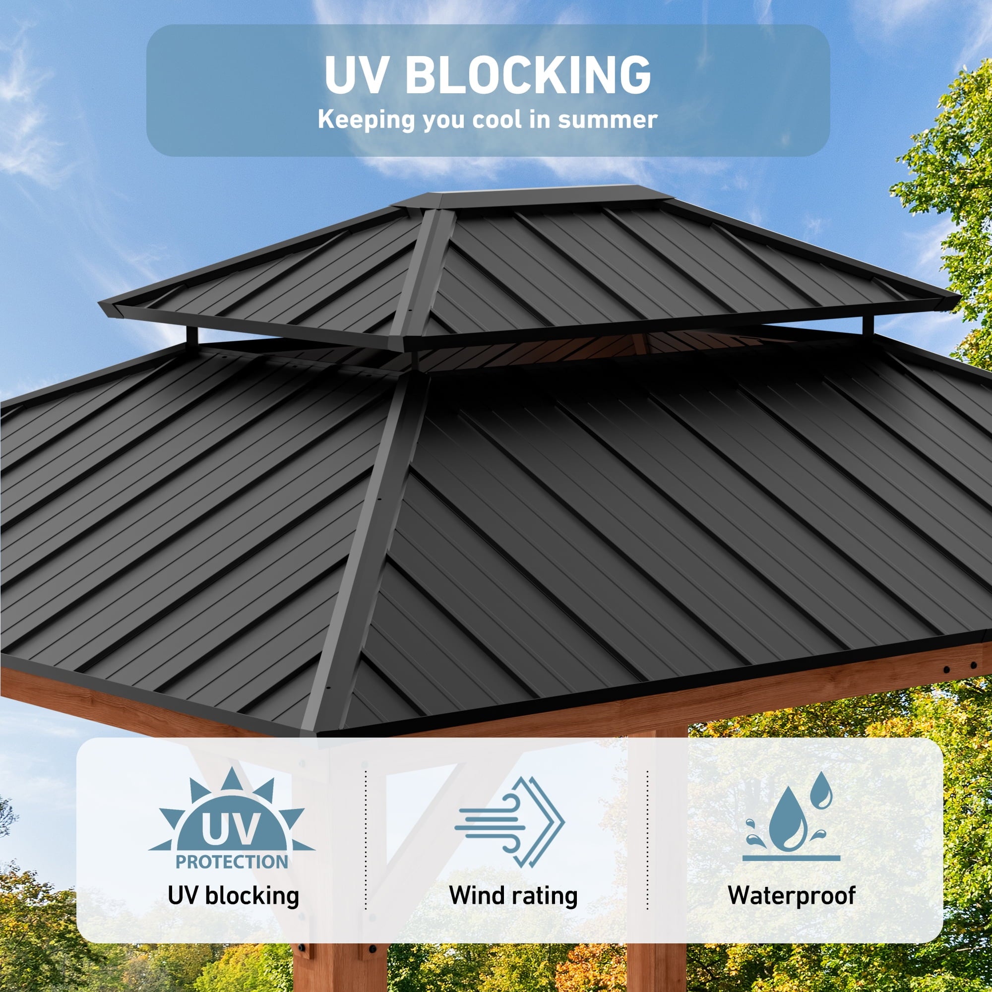 FONA 13'x15' Rosewood Cedar Grill Gazebo,Double Steel Roof,Mosquito Netting&Curtains for Backyard